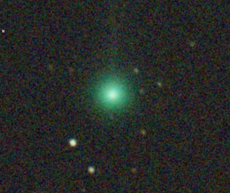 This image provided by Mike Olason shows the newly-discovered comet SWAN on April 6, 2025. (Mike Olason via AP)