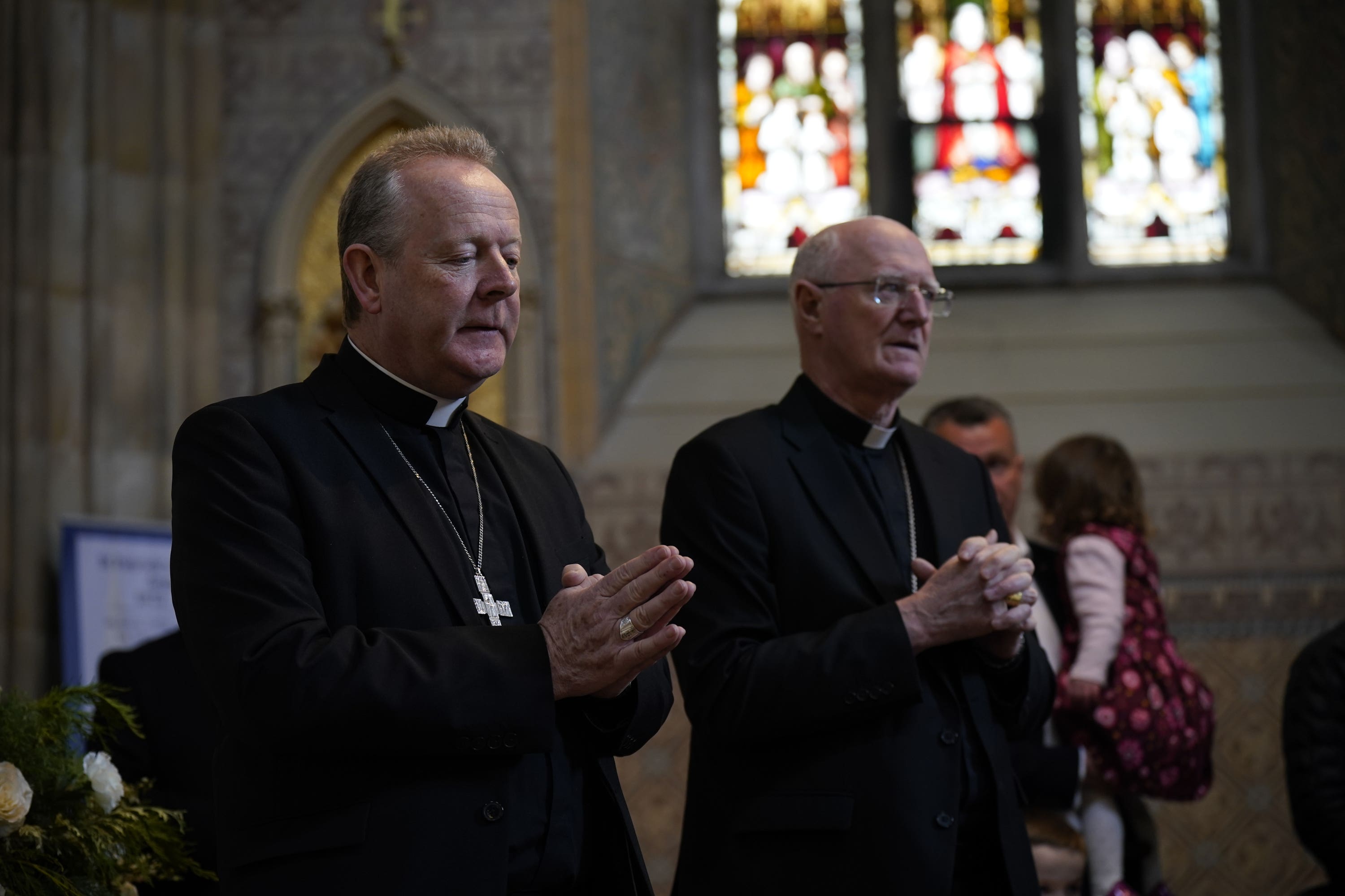 The Archbishop of Armagh, Eamon Martin (left), and Archbishop Dermot Farrell Archbishop of Dublin, lead prayers at St Patrick’s Cathedral in Armagh following the death of Pope Francis (Niall Carson/PA)