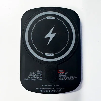 An example of the Casely Power Pod 5000mAh portable MagSafe wireless phone charger with model number E33A.
