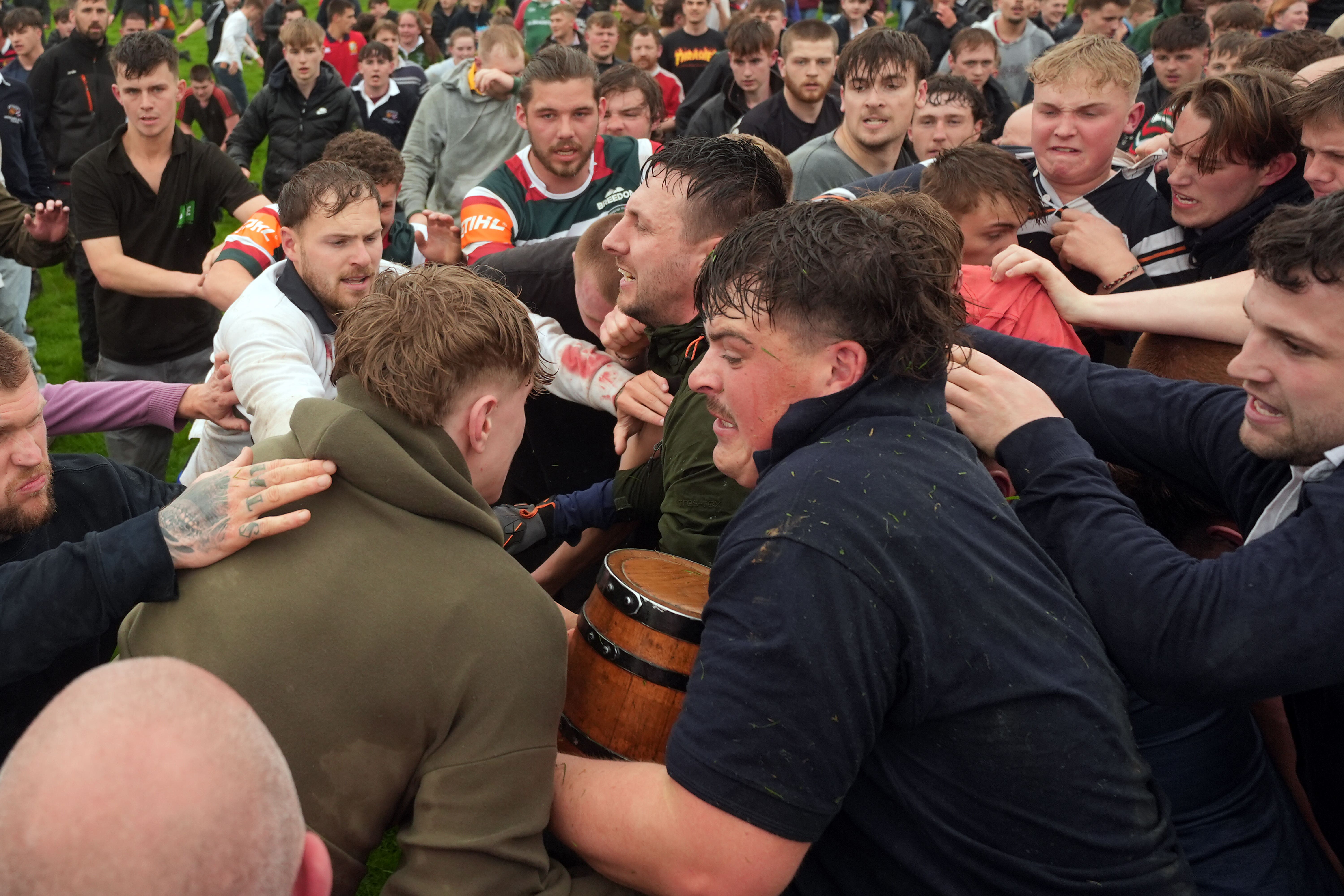 Players from Hallaton and Medbourne battle for the ‘bottle’ during the annual sporting event (Joe Giddens/PA)