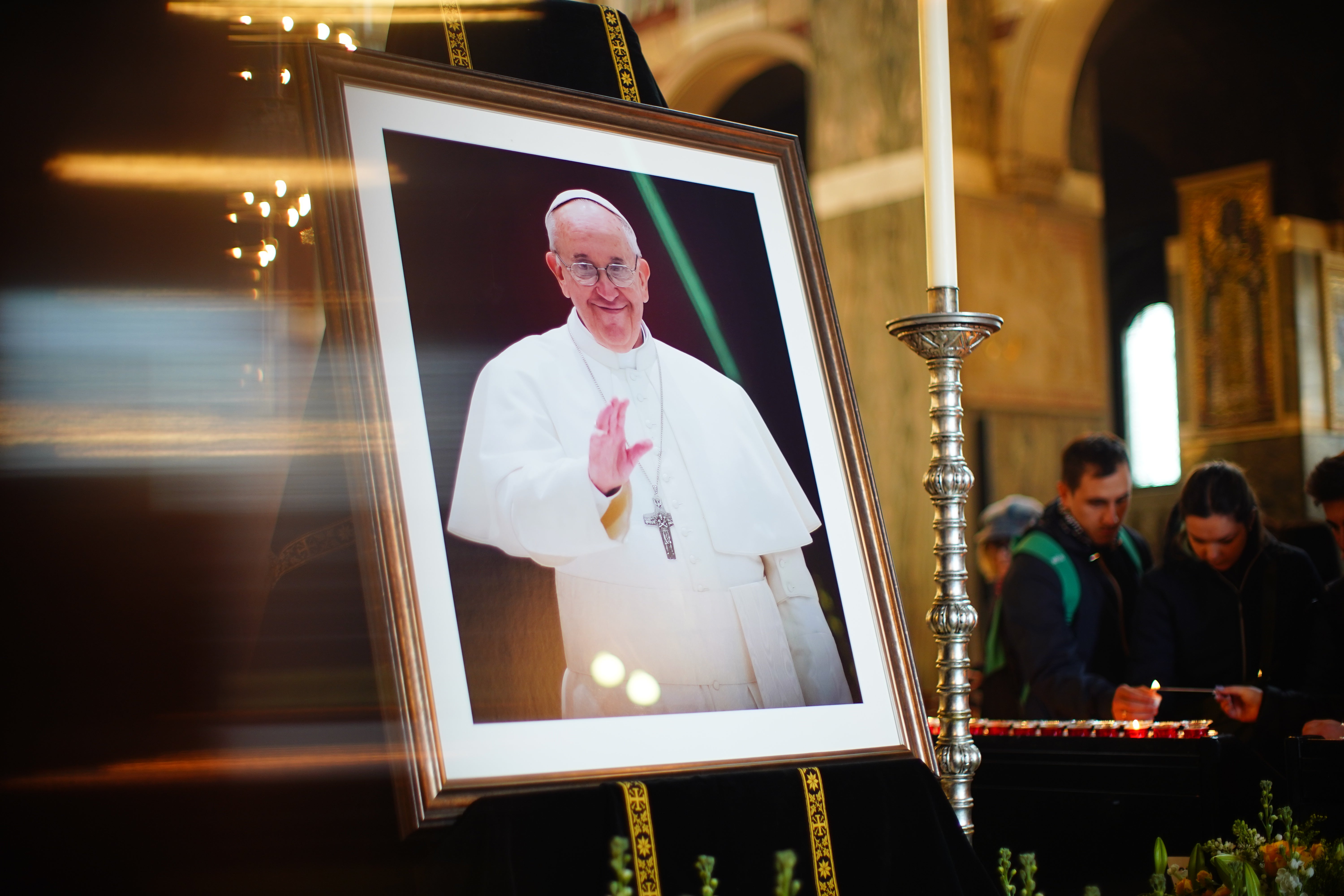 A picture of Pope Francis on display in Westminster Cathedral in Victoria, London, following the announcement by the Vatican of his death aged 88