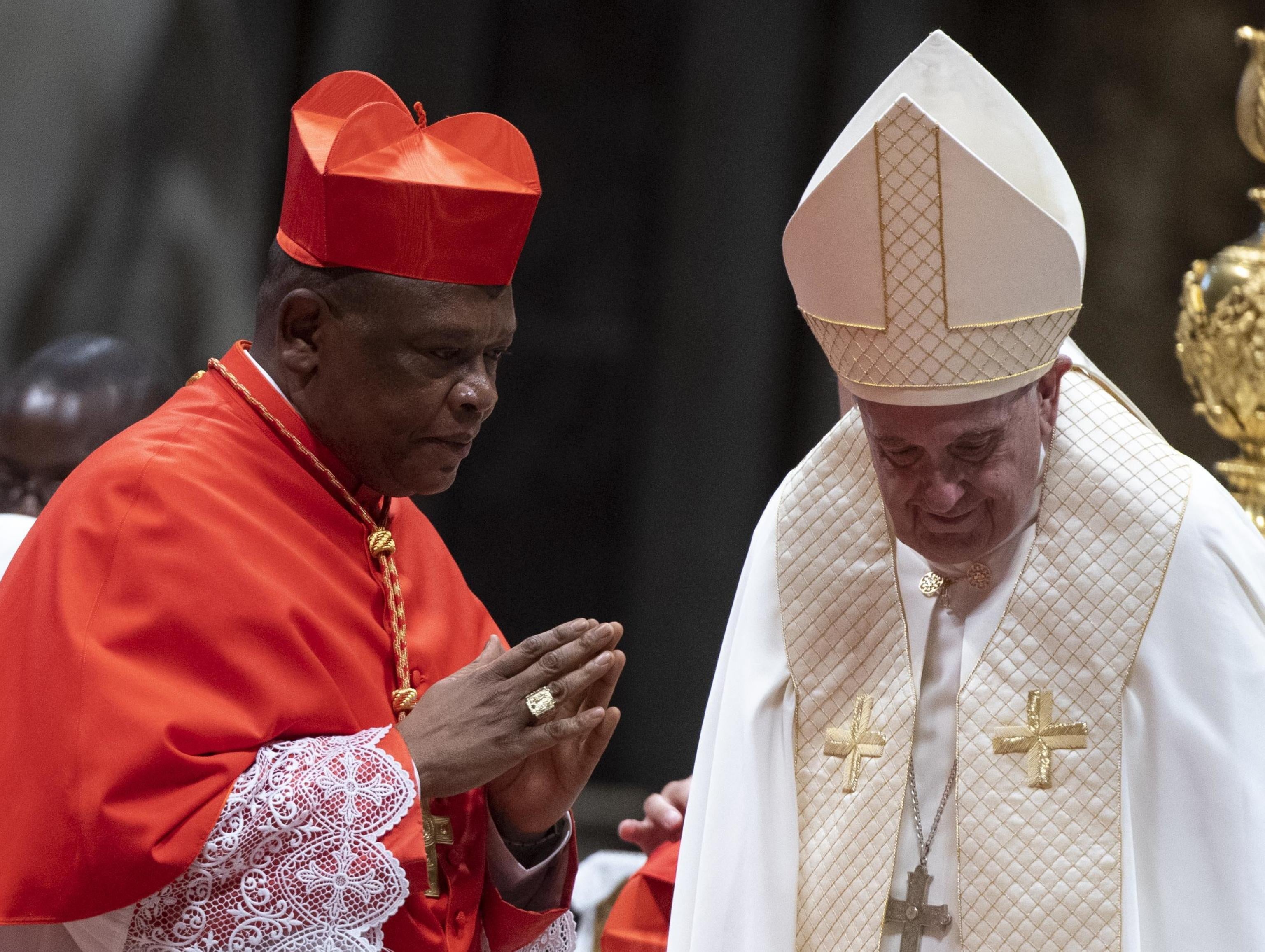 Pope Francis with Archbishop of Kinshasa, Fridolin Ambongo Besungu, during the ordinary public Consistory for the creation of new Cardinals in Saint Peters Basilica at the Vatican, 05 October 2019