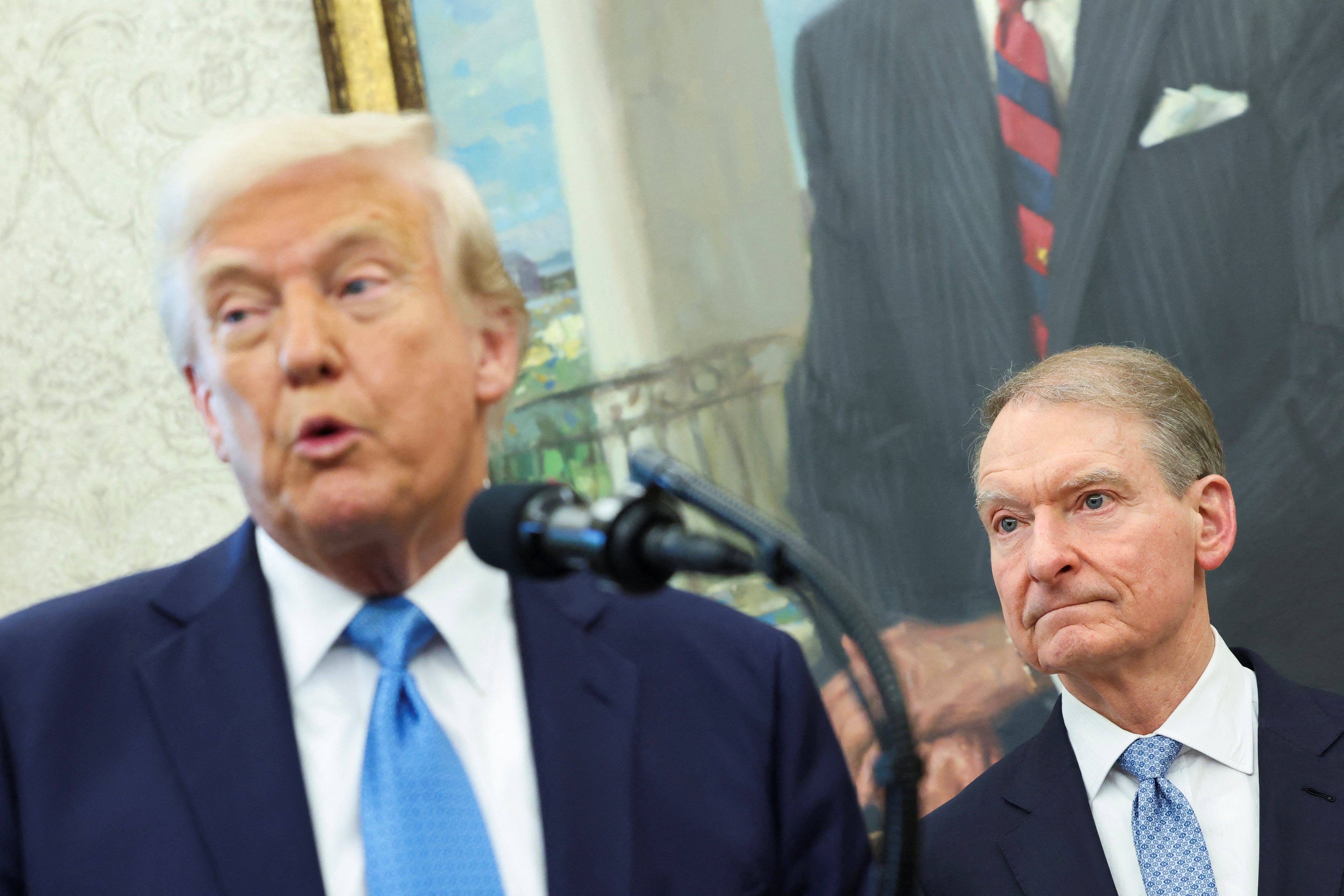 Donald Trump speaks during a swearing-in ceremony for the Chair of the Securities and Exchange Commission Paul Atkins at the White House
