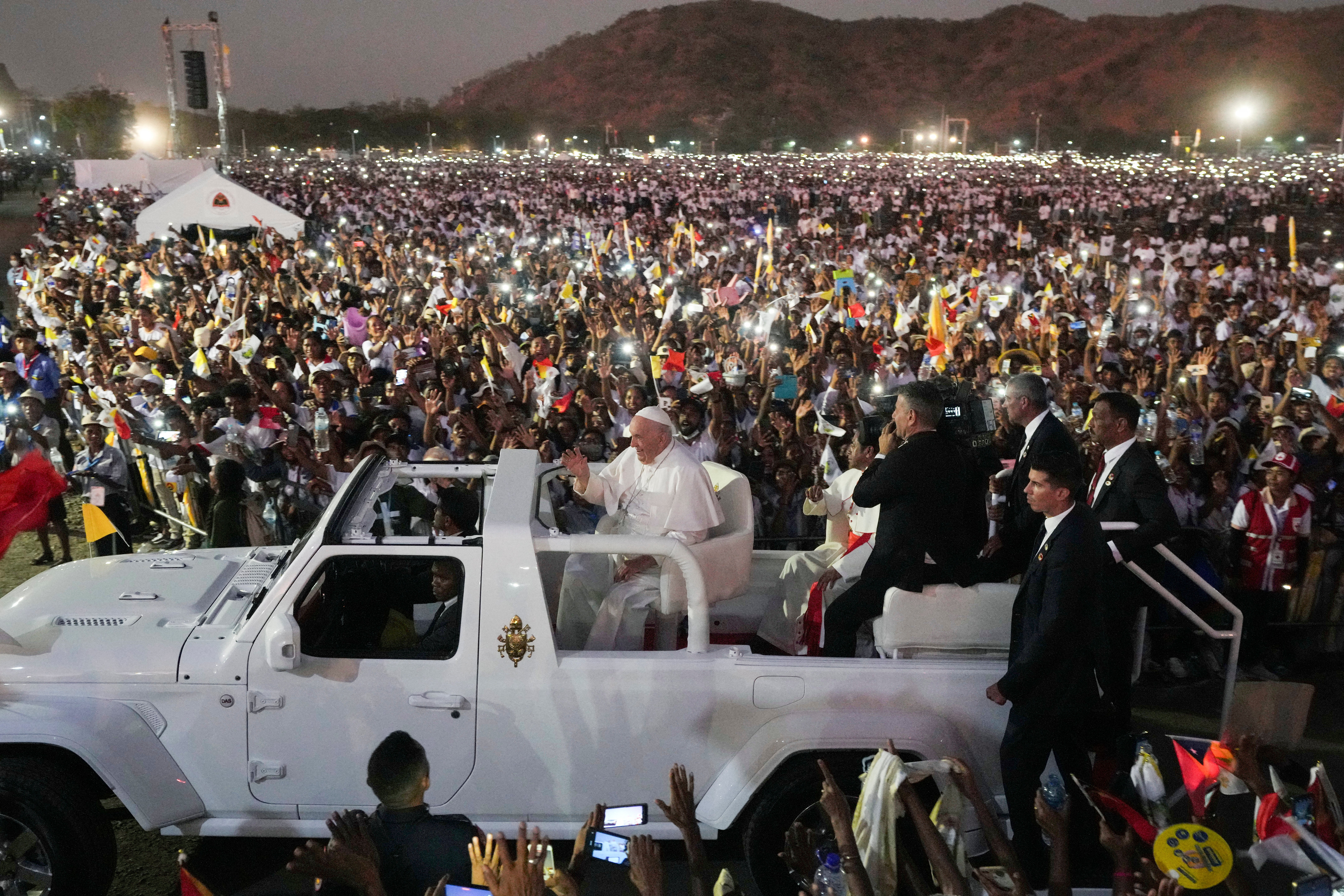 File. Pope Francis gestures as he leaves after leading holy mass at the Esplanade of Tasitolu in Dili, East Timor, in September 2024