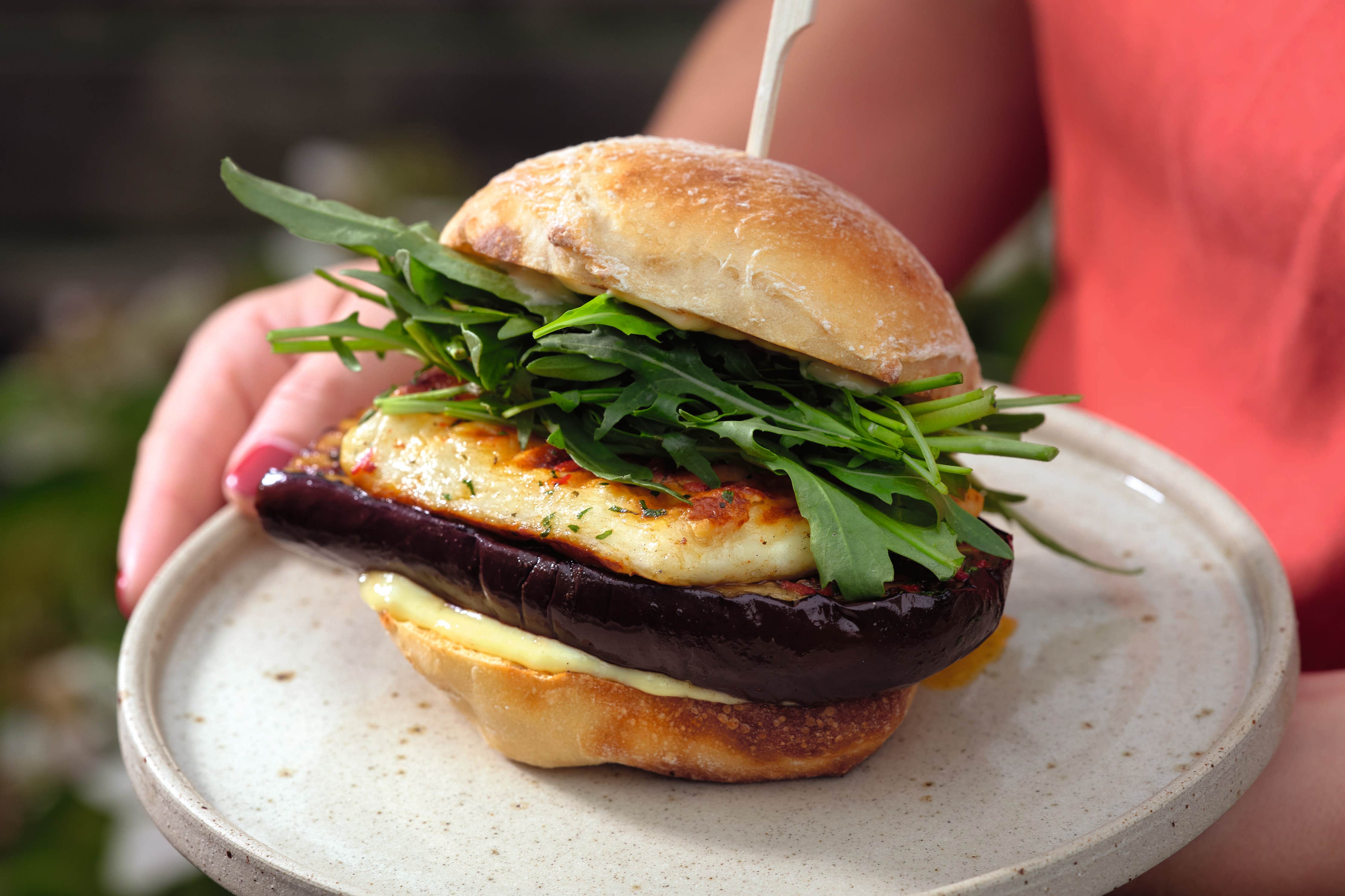 Tom Kerridge’s halloumi and aubergine burgers