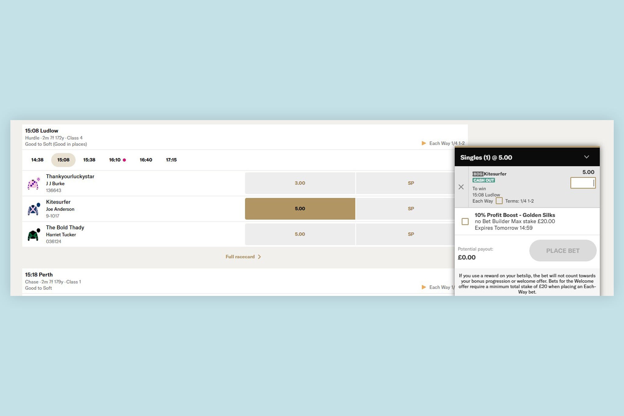 Once bettors have opted in, the Golden Silks profit boost tokens will appear on bet slips
