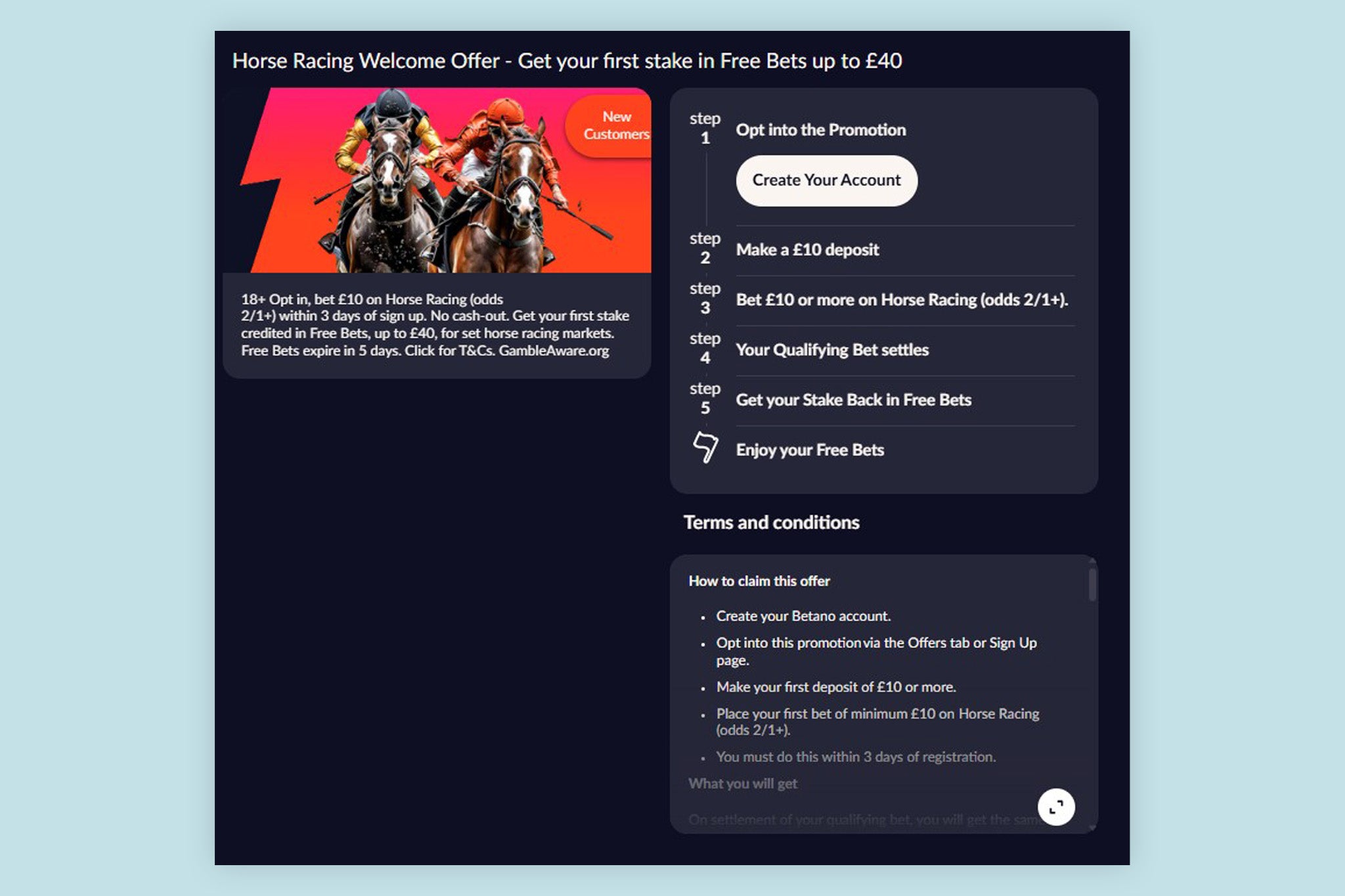 Betano's racing sign up offer can net punters up to £40 in free bets