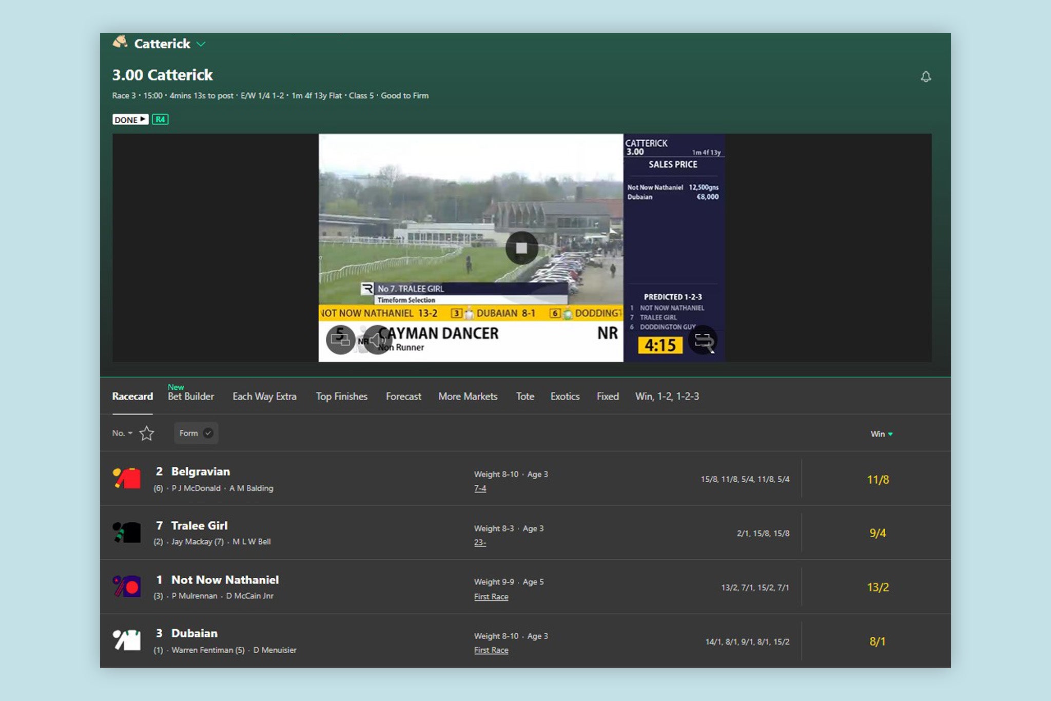 Bet365's live player fits nicely onto the odds page for each race