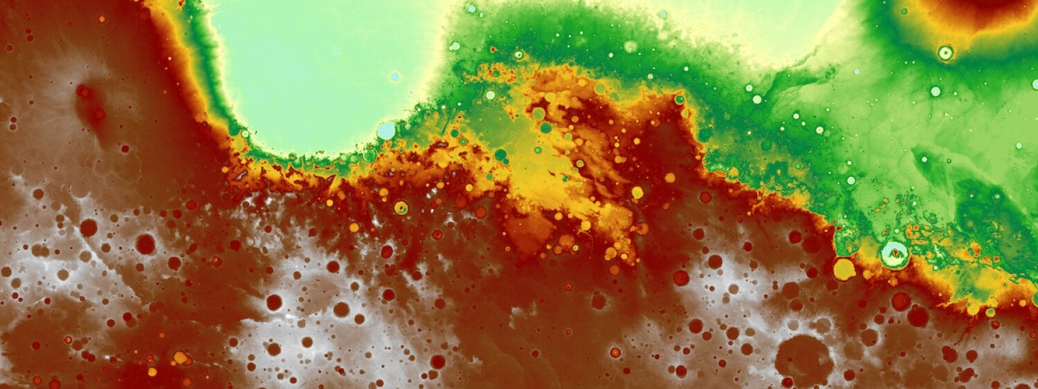 Topography map of a Mar region near its equator captured by Nasa's Mars Global Surveyor spacecraft