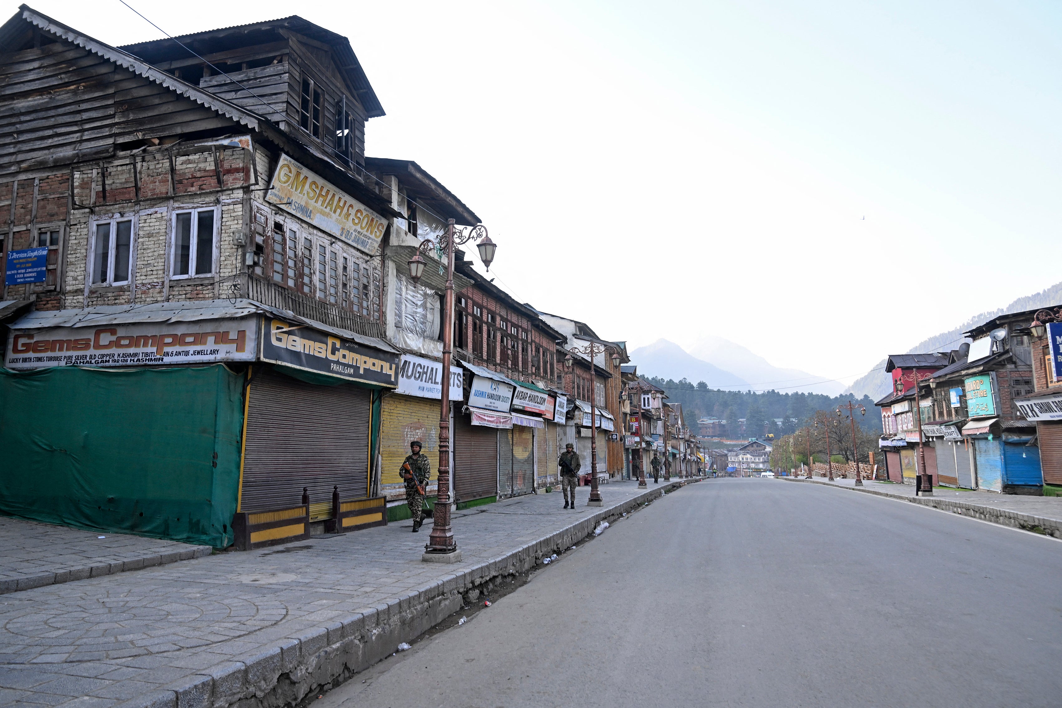 Indian paramilitary personnel conduct a patrol in Pahalgam, south of Srinagar on 23 April 2025, following an attack