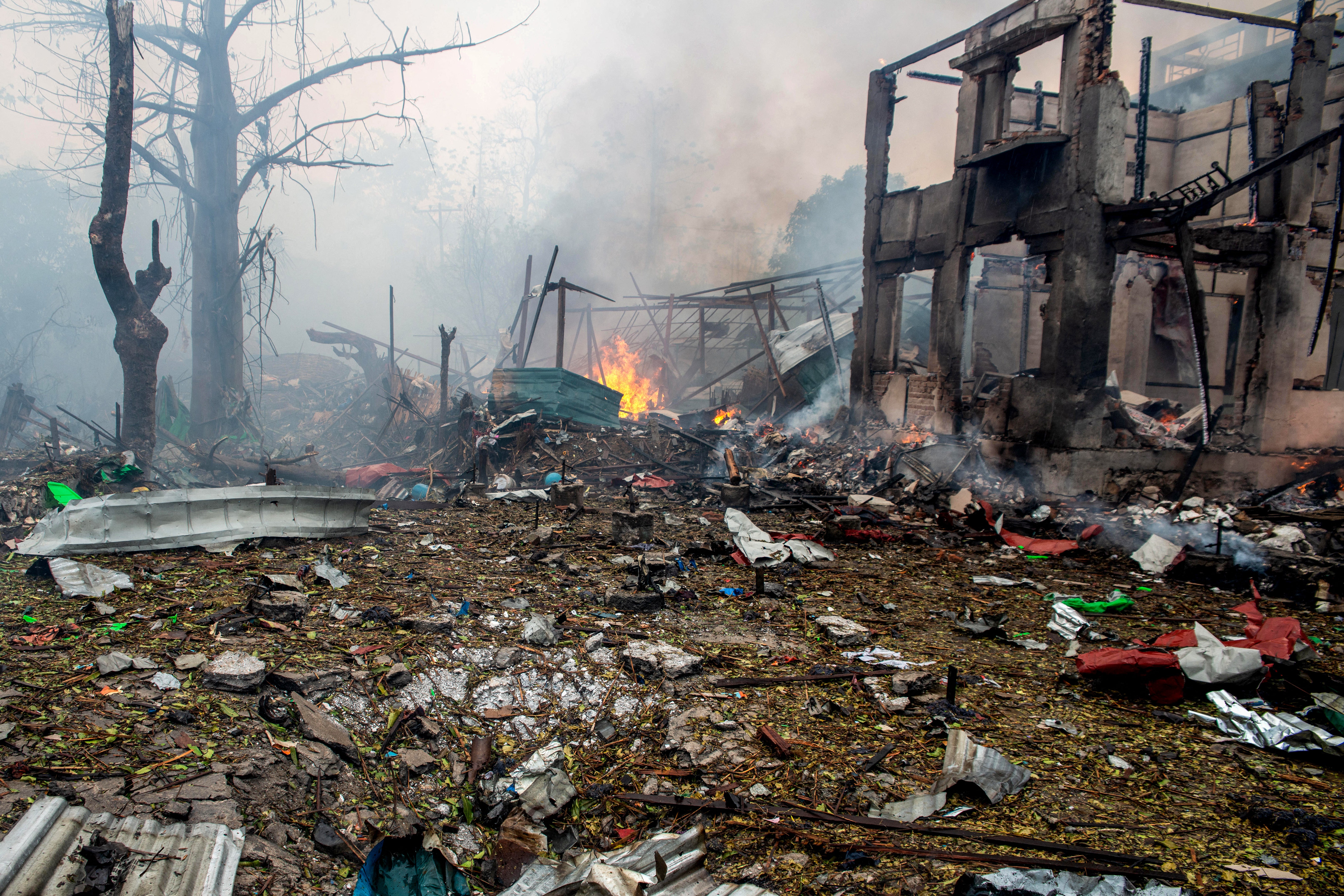 A destroyed building is pictured after getting destroyed in a bombardment carried out by Myanmar's military in Thabeikkyin Township