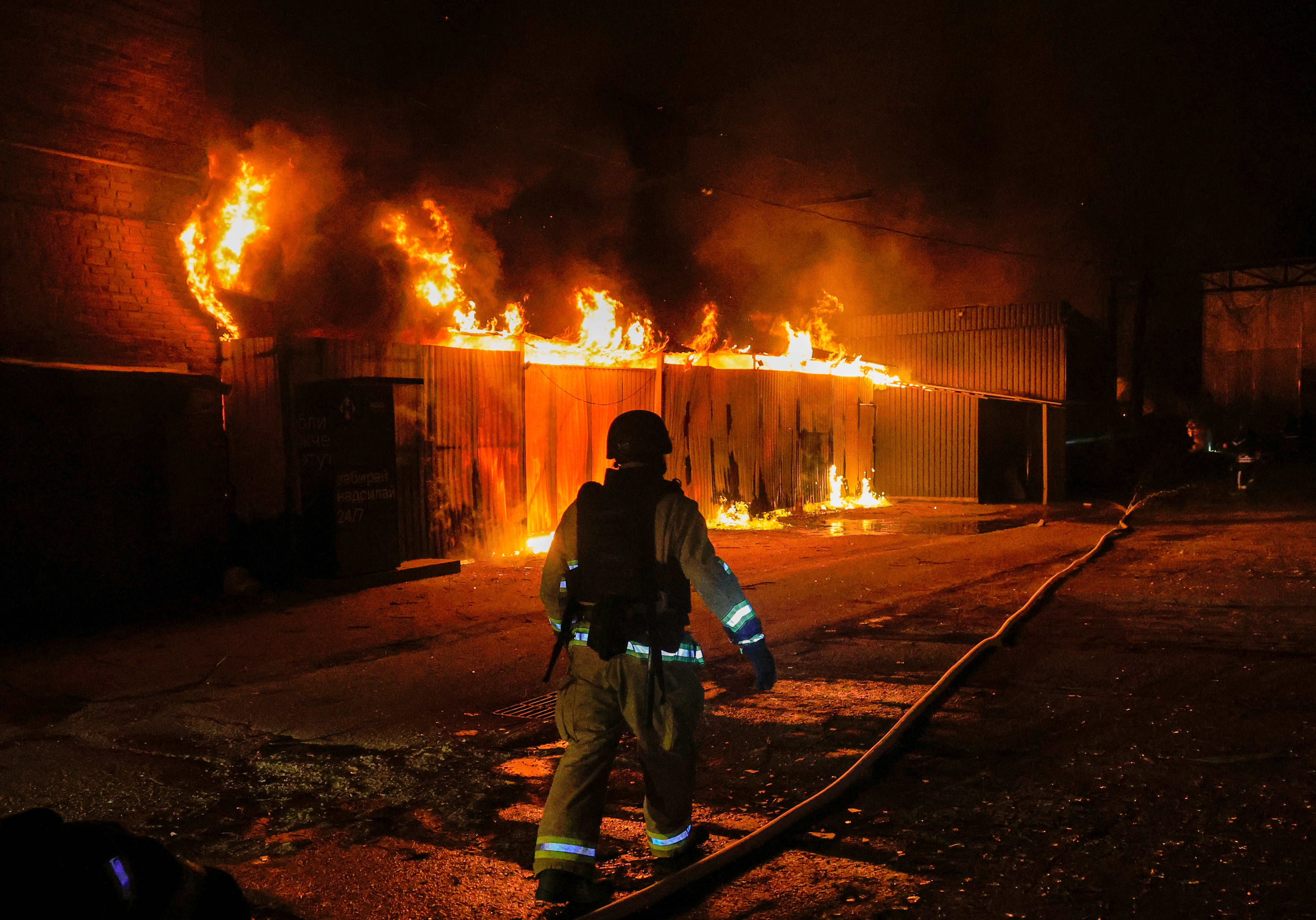 A drone strike in Kharkiv, Ukraine, on Wednesday sparked fires