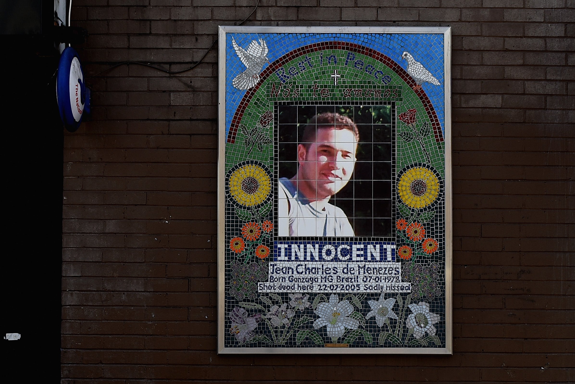The mosaic memorial to Jean Charles de Menezes outside Stockwell Underground station