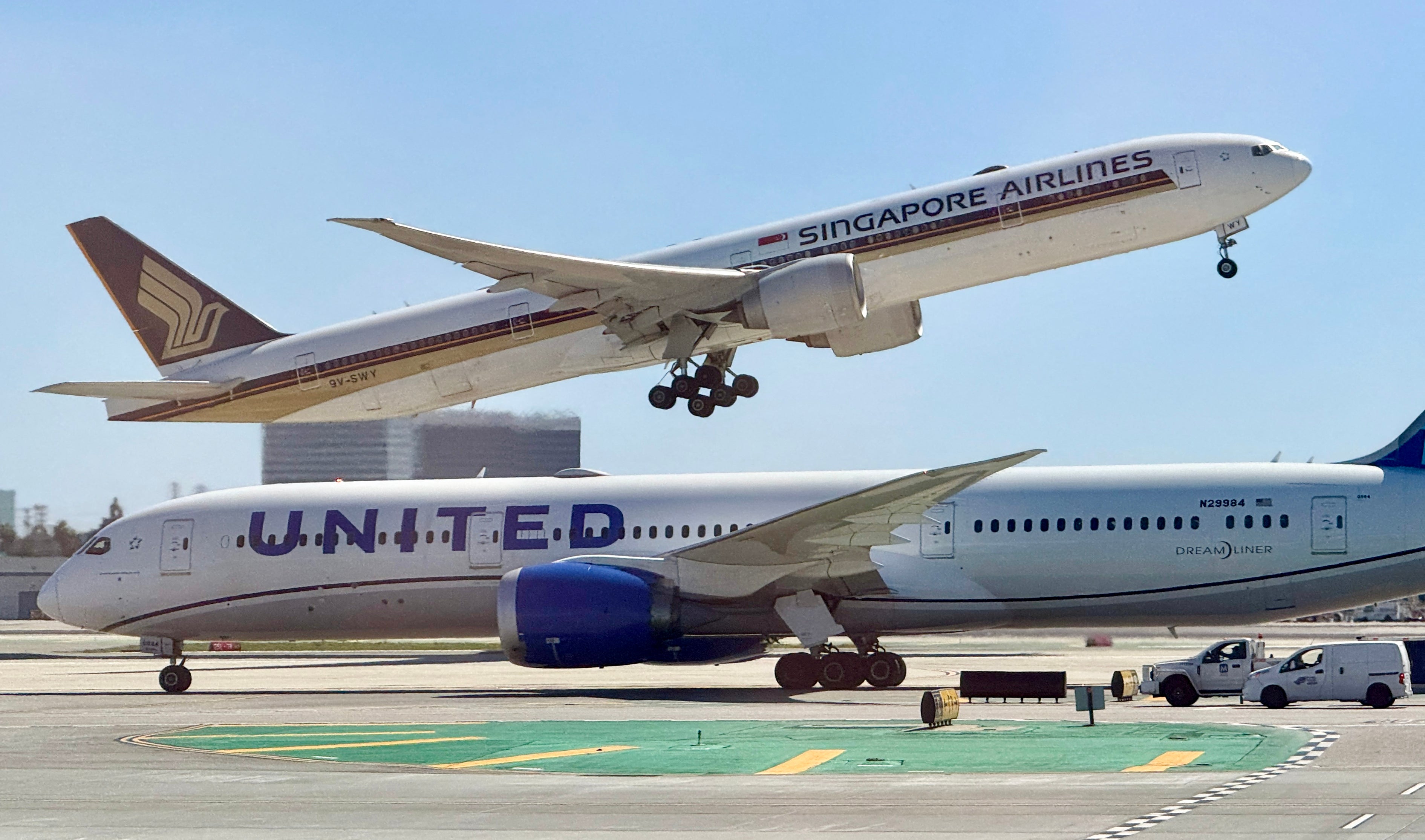 A Singapore Airlines flight takes off from Los Angeles airport on 3 March 2025