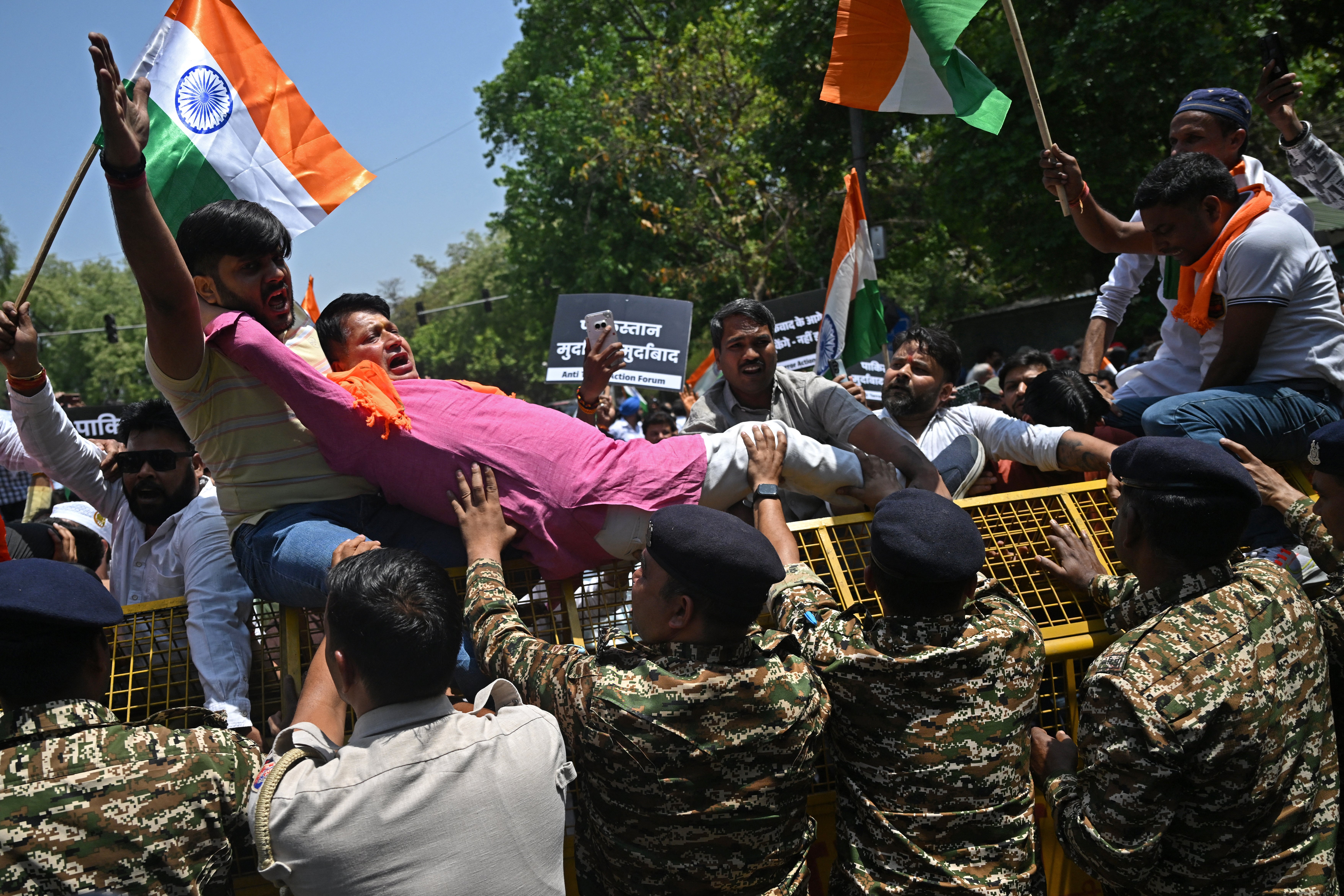 Protesters clash with security personnel during a protest march towards the Pakistan High Commission condemning the Pahalgam attack
