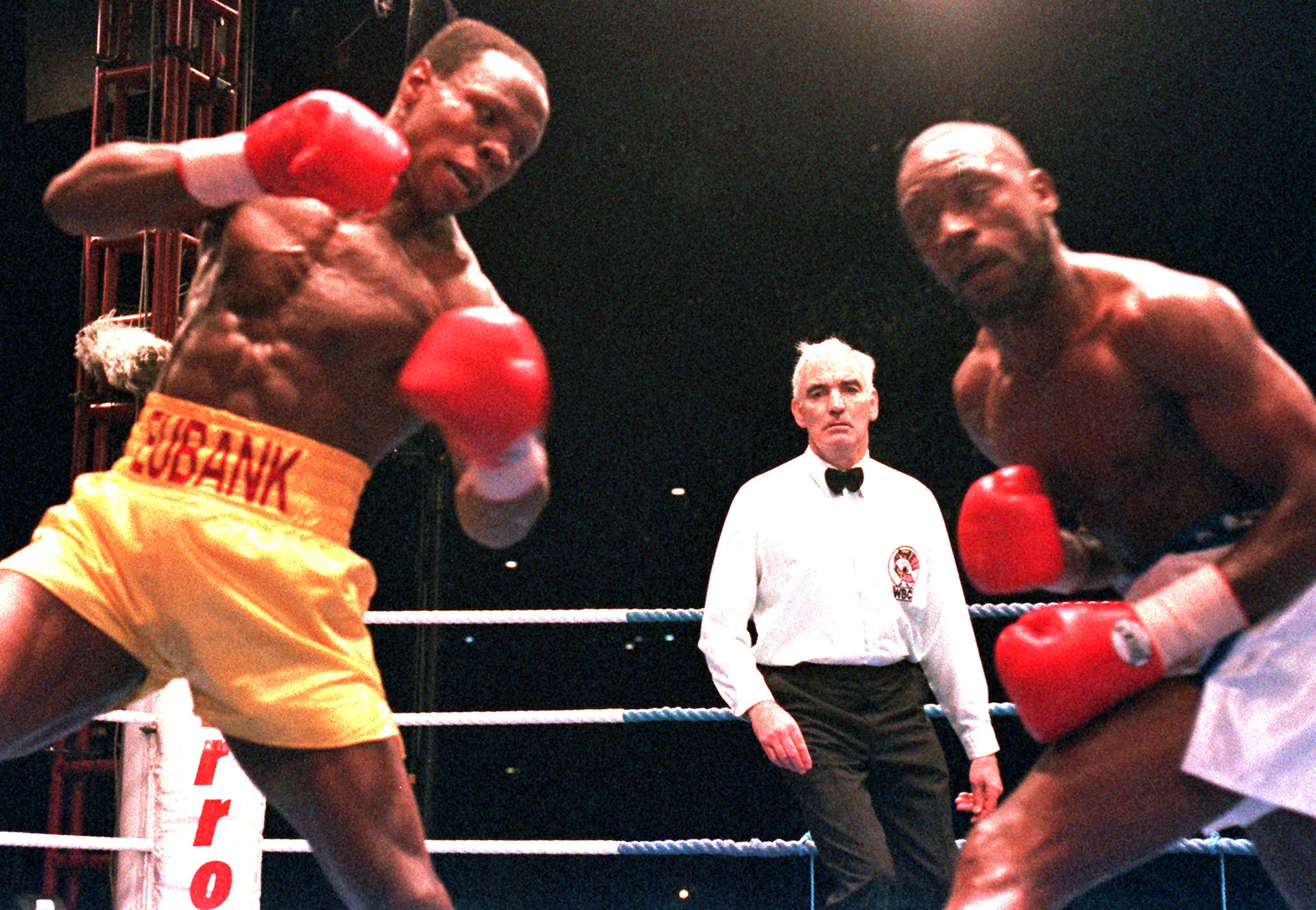 Eubank v Benn. Action from the Super-Middleweight title fight at Old Trafford