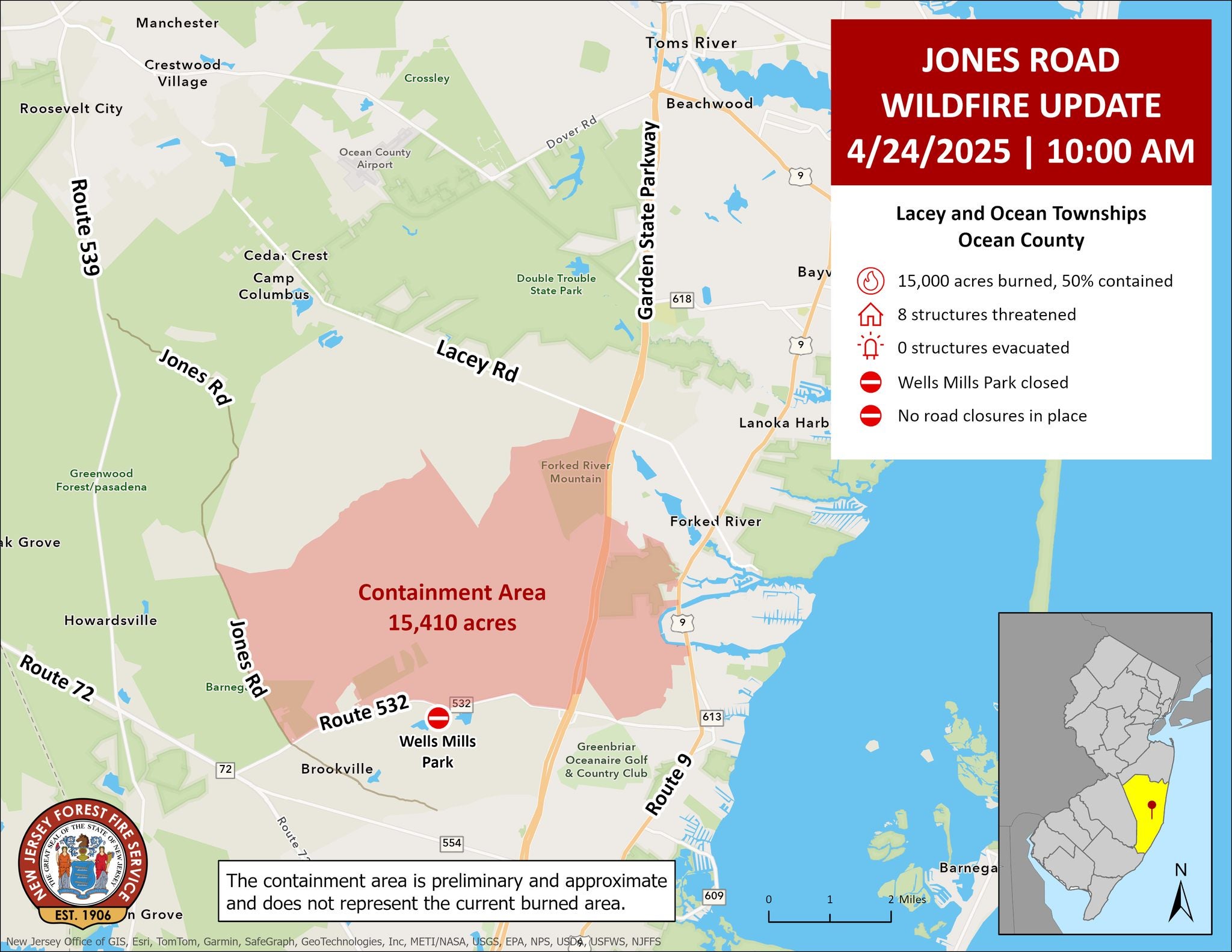 A map shows the boundaries of the Jones Road wildfire on Thursday morning. The 15,000-acre blaze is now 50 percent contained