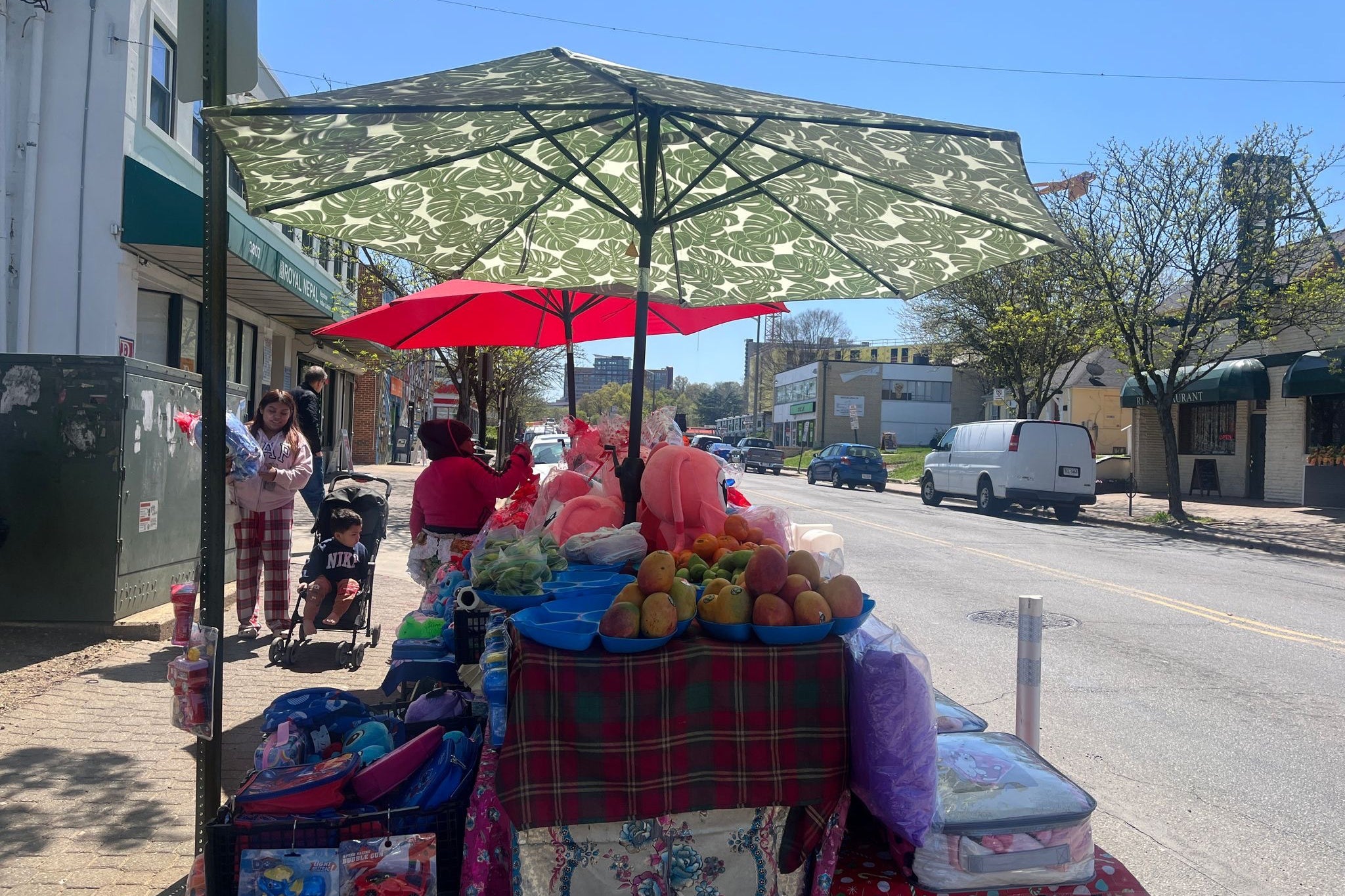 A street vendor offers fruit for sale in the main streets of Chirilagua, Virginia but the customers are few and far between