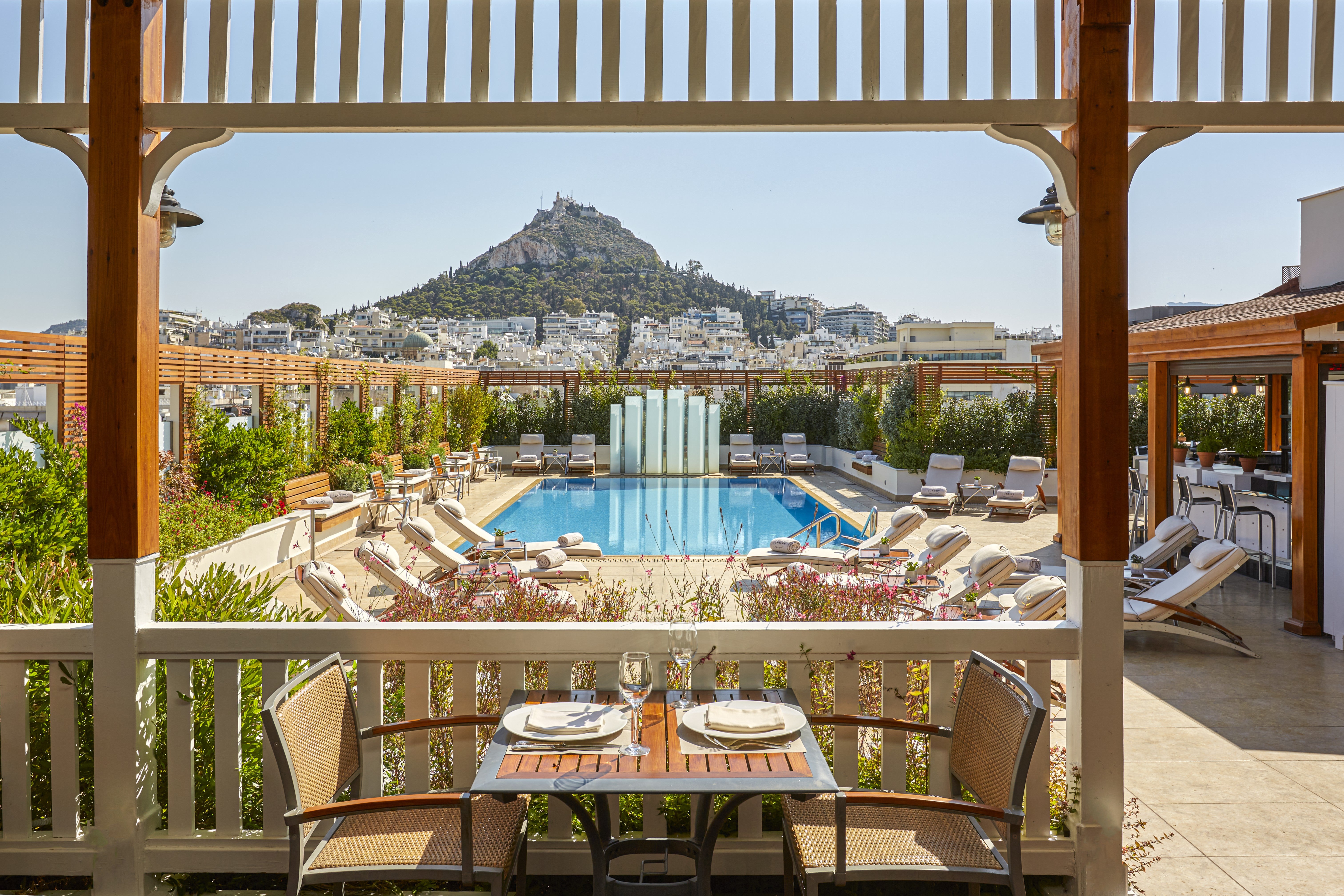 Views of the Acropolis and Lycabettus’ forested slopes can all be seen from the Hotel Grande Bretagne
