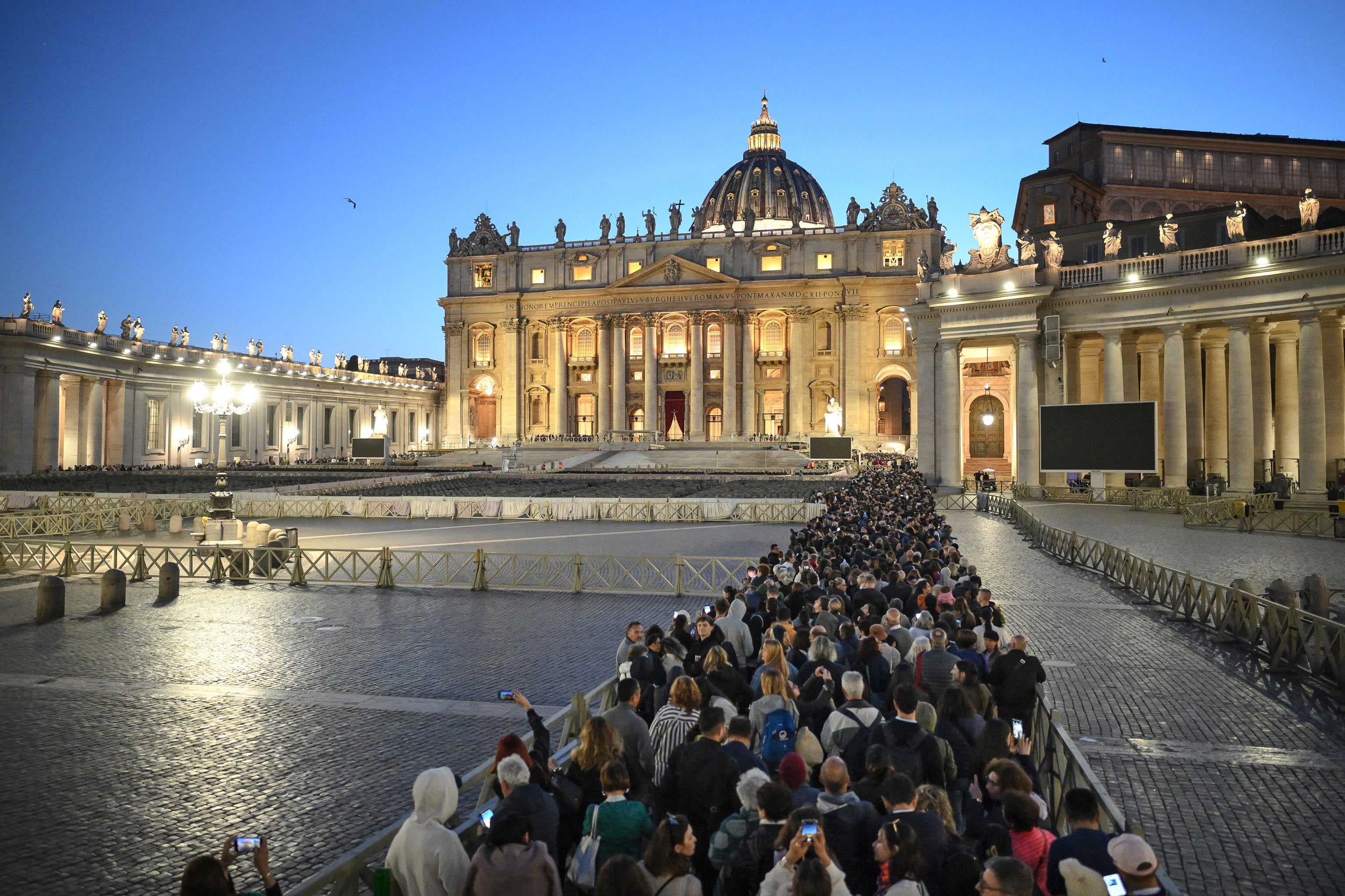 Members of the public line up to pay their respects to late Pope Francis as he lies in state inside Saint Peter’s Basilica, Vatican City, 23 April 2025