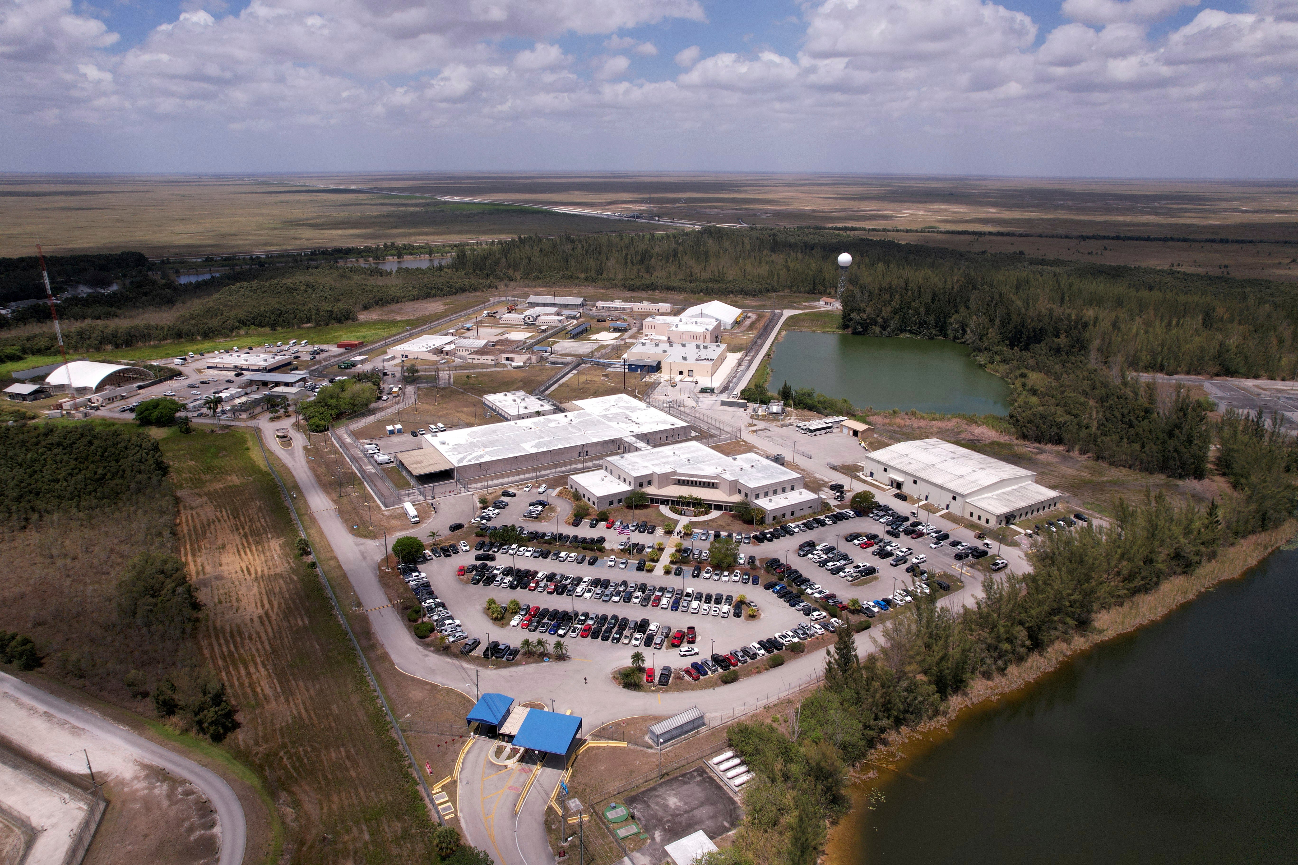 An aerial view shows U.S. Immigration and Customs Enforcement's Krome Detention Center, on the edge of the Everglades, Thursday, April 24, 2025, in Miami. (AP Photo/Rebecca Blackwell)