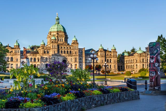 <p>The sun sets on the British Columbia parliament building in Victoria</p>