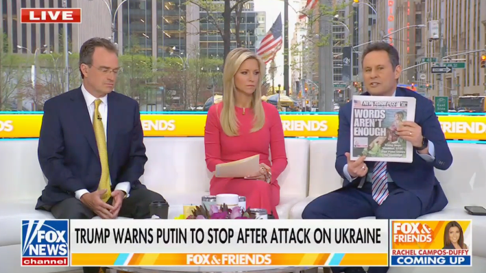 Brian Kilmeade said Putin's latest bombing of Ukraine is 'embarrassing' for Trump, who is trying to broker a peace deal. Kilmeade, a longtime Trump supporter, held up a copy of the New York Post front page with the headline about the conflict: ‘Words aren’t enough.’
