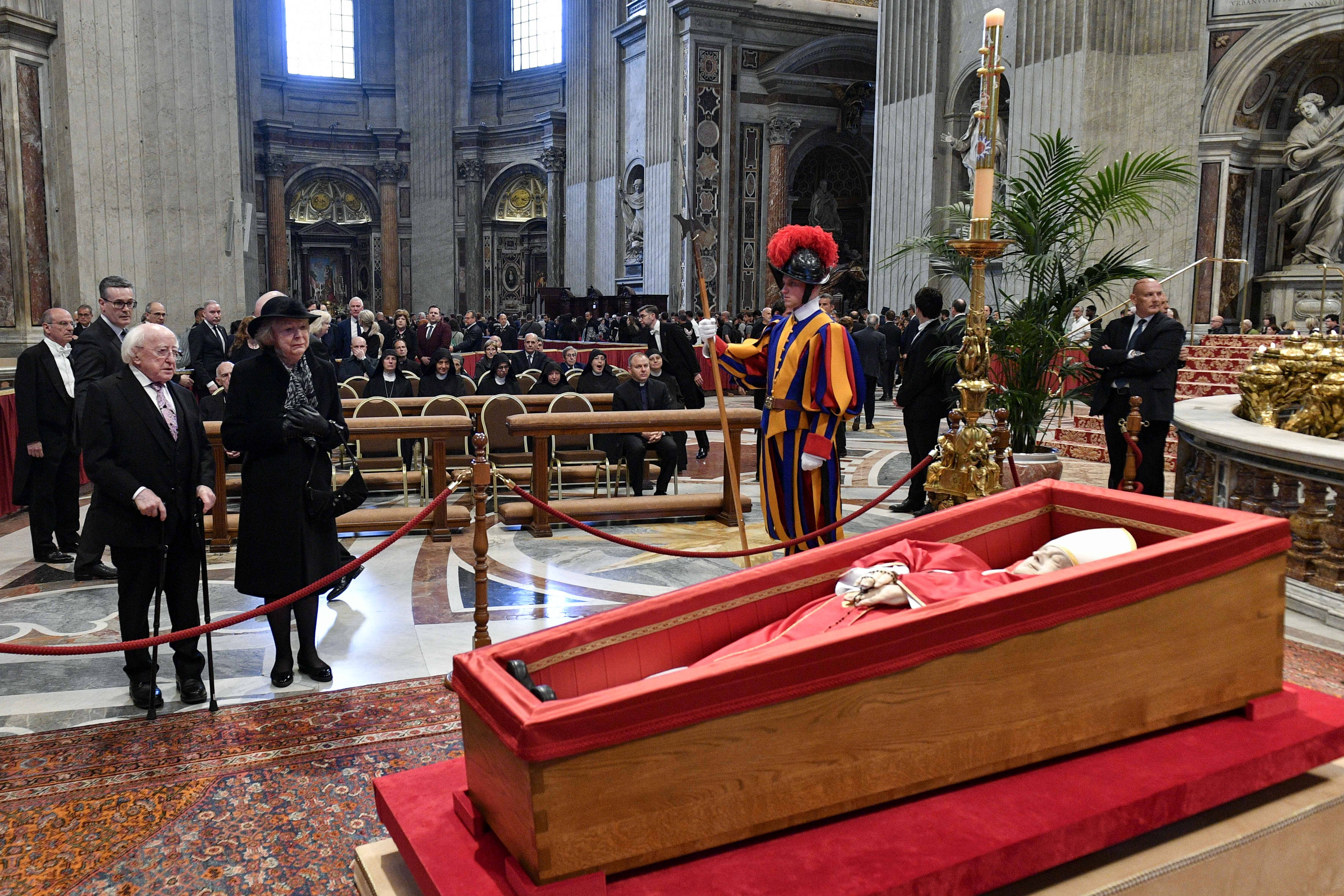 Irish President Michael D Higgins and his wife Sabina paying their respects at the lying in state of Pope Francis in St Peter’s Basilica in the Vatican (President of Ireland’s office/PA)