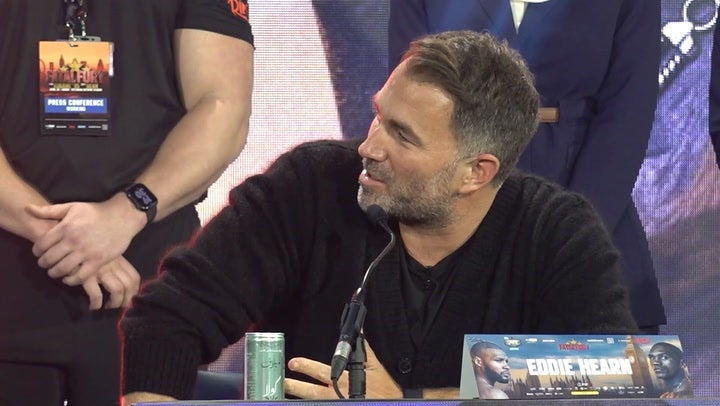 Eddie Hearn storms off stage at Chris Eubank Jr vs Conor Benn press conference.