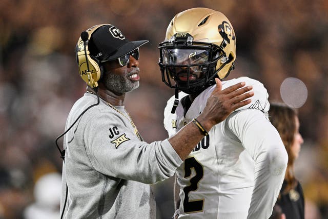 <p>Shedeur Sanders (right) was coached by Deion, his father, at Colorado</p>