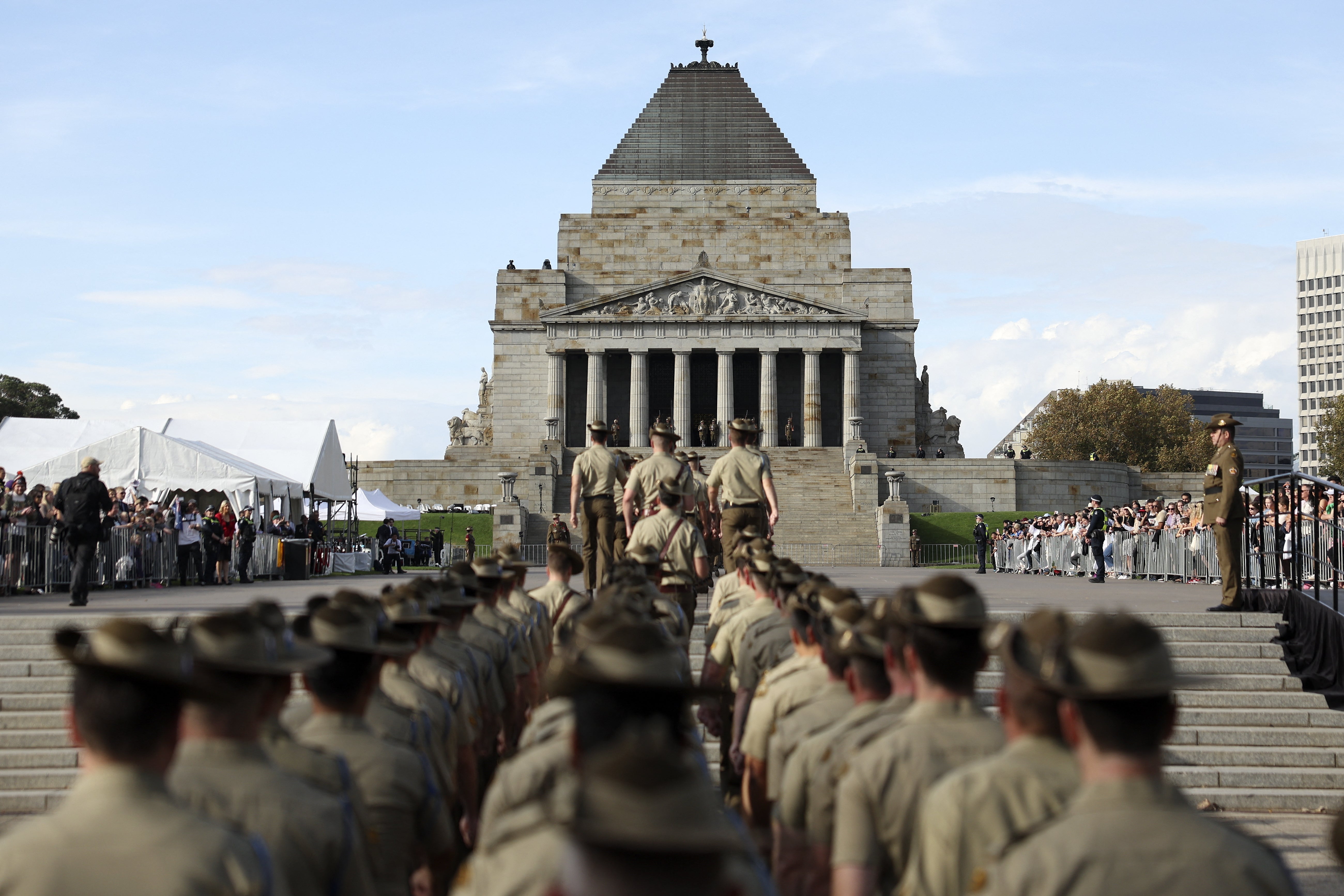 Servicemen and women march to the Shrine of Remembrance during the Anzac Day march in Melbourne