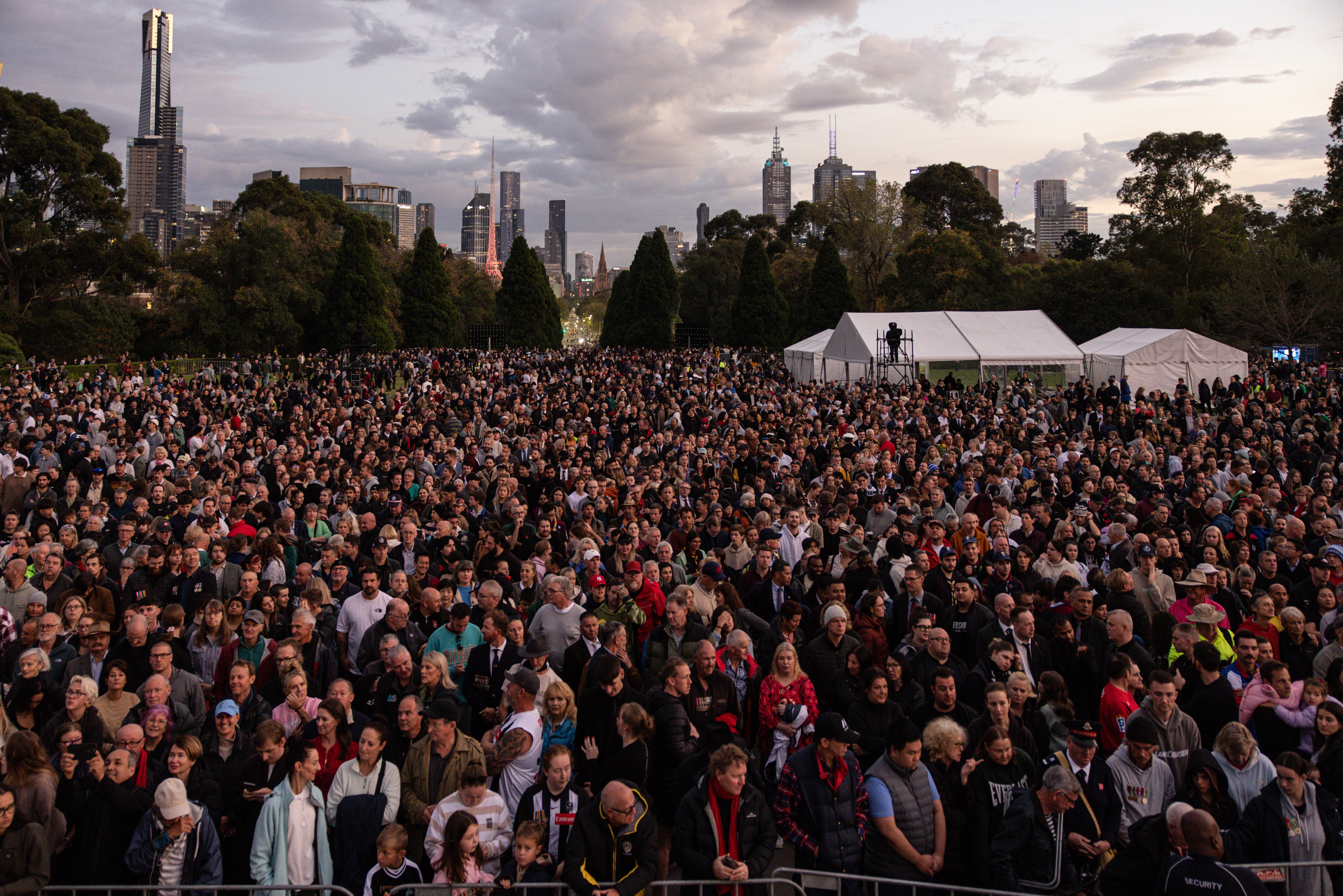 Attendees participate in Anzac Day dawn service at the Shrine of Remembrance in Melbourne