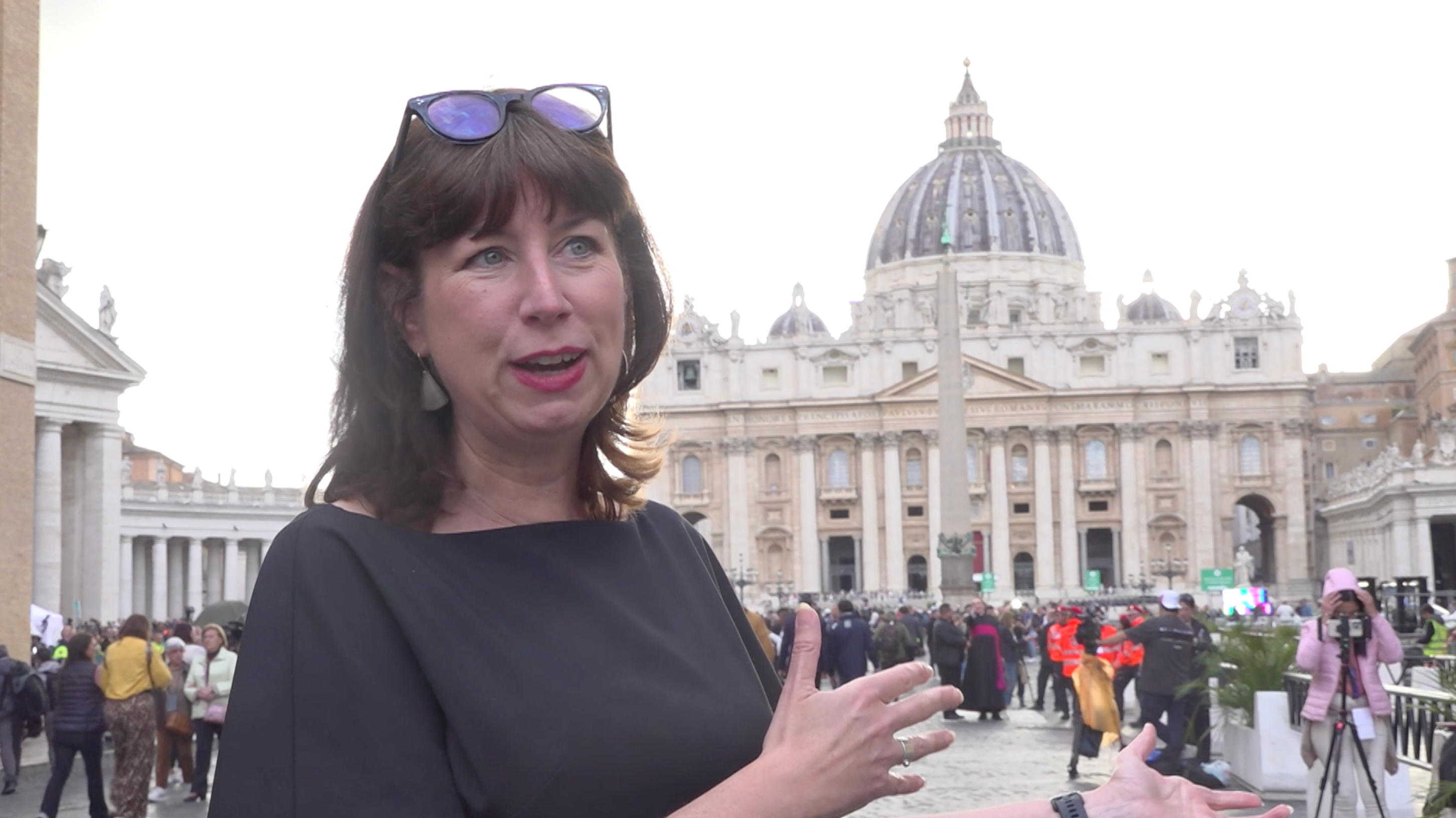 UK theologian Professor Anna Rowlands, speaking in St Peter's Square, Vatican City, following the death of Pope Francis on Easter Monday