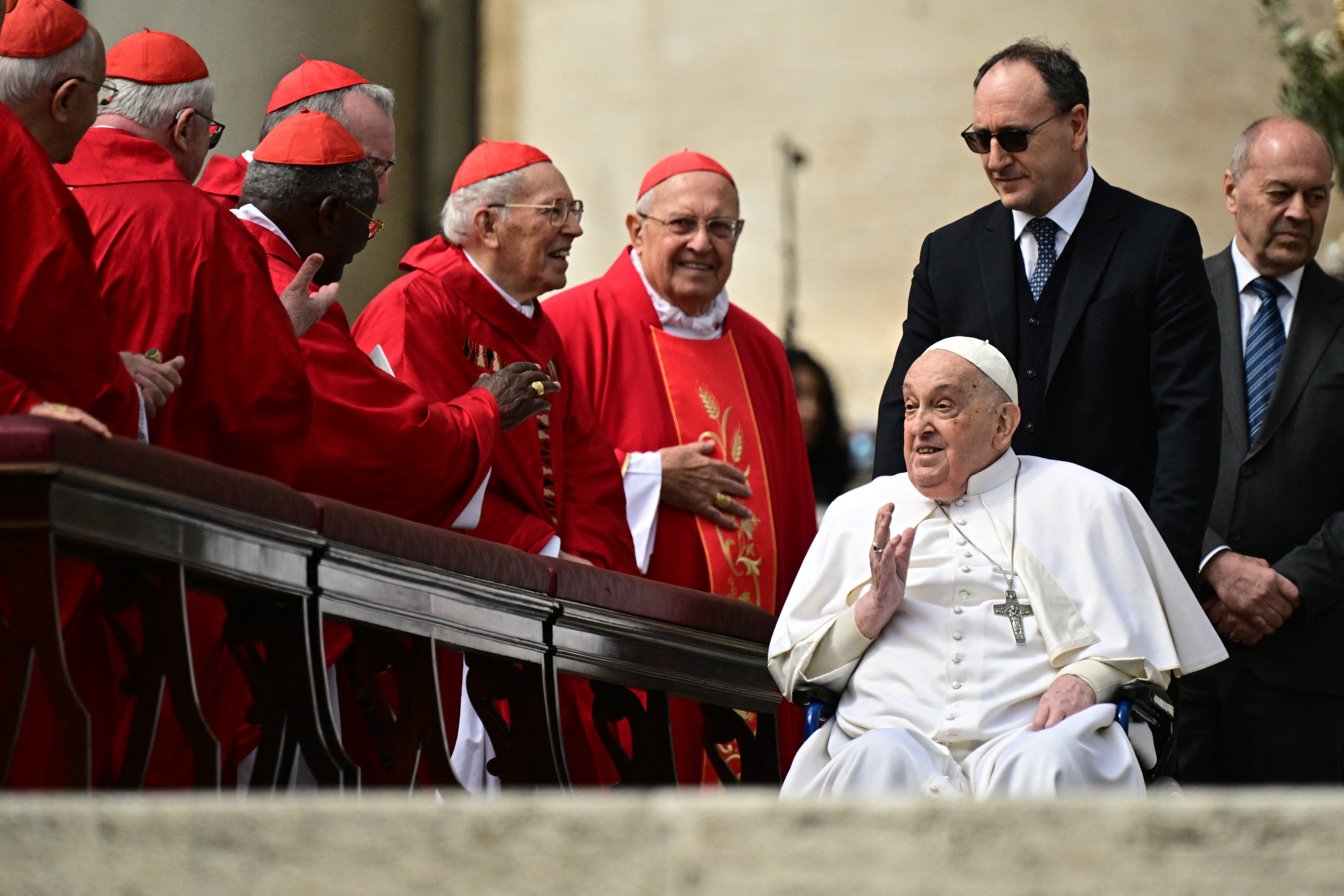 Pope Francis greets cardinals on 13 April 2025