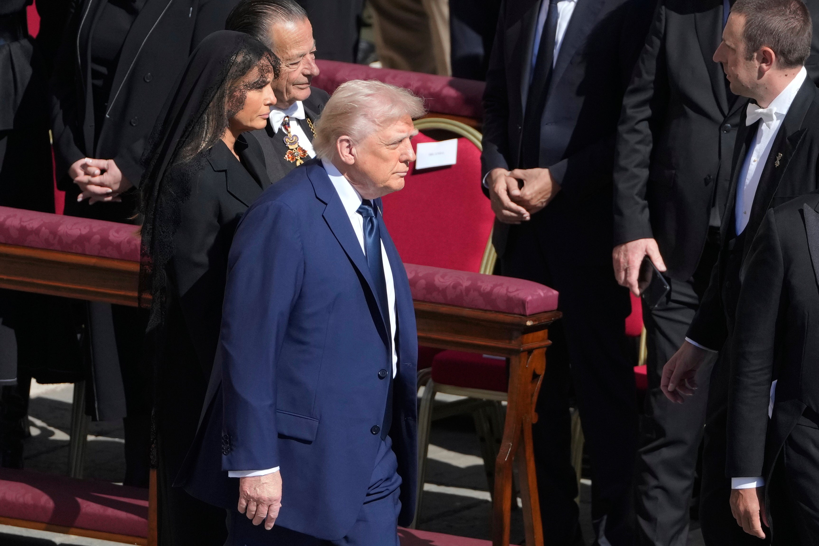 President Donald Trump and first lady Melania Trump arriving for the funeral of Pope Francis in St Peter’s Square at the Vatican (AP Photo/Markus Schreiber)