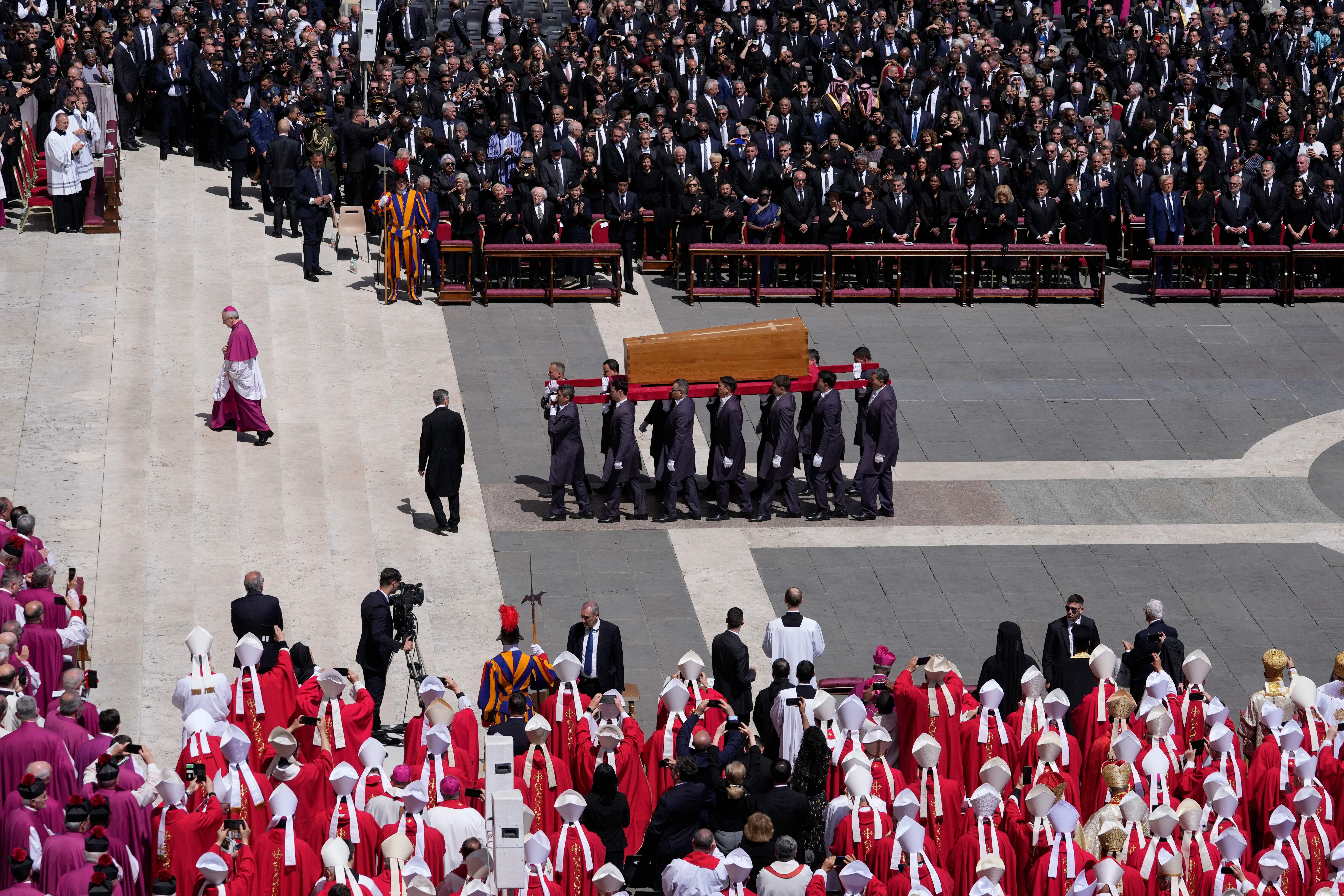 The coffin of Pope Francis is carried at the end of his funeral in St Peter’s Square (Gregorio Borgia/AP)