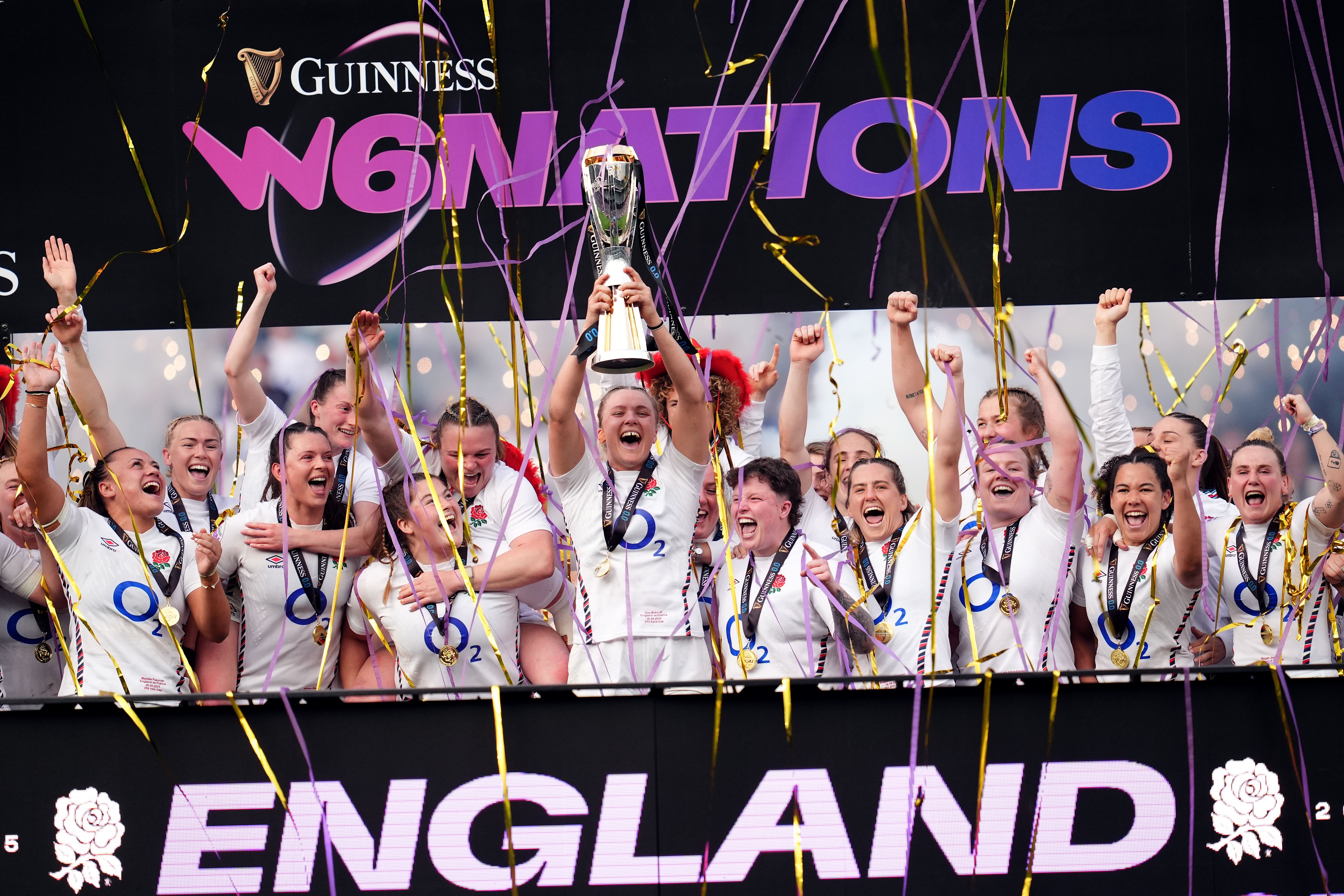 England’s Zoe Aldcroft lifts the Women’s Six Nations trophy
