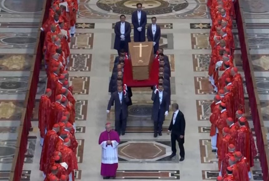 The pope’s coffin shown arriving at St Peter’s Basilica