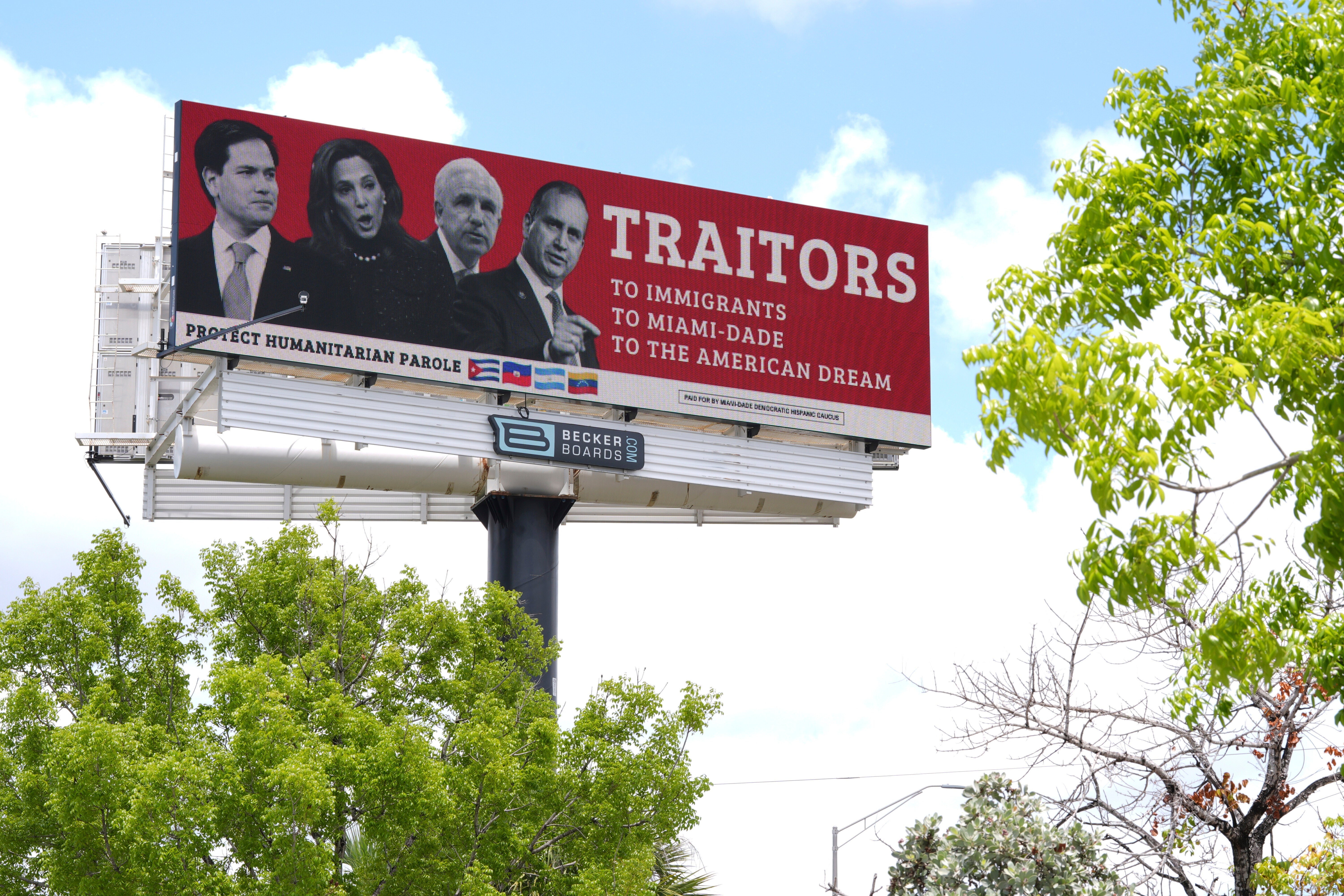 A billboard attacking Latino Republican politicans as ‘Traitors to Immigrants’, naming Secretary of State Marco Rubio and Reps. Reps. Maria Elvira Salazar, Carlos Gimenez and Mario Diaz-Balart among its targets, is seen in in Miami-Dade, Florida