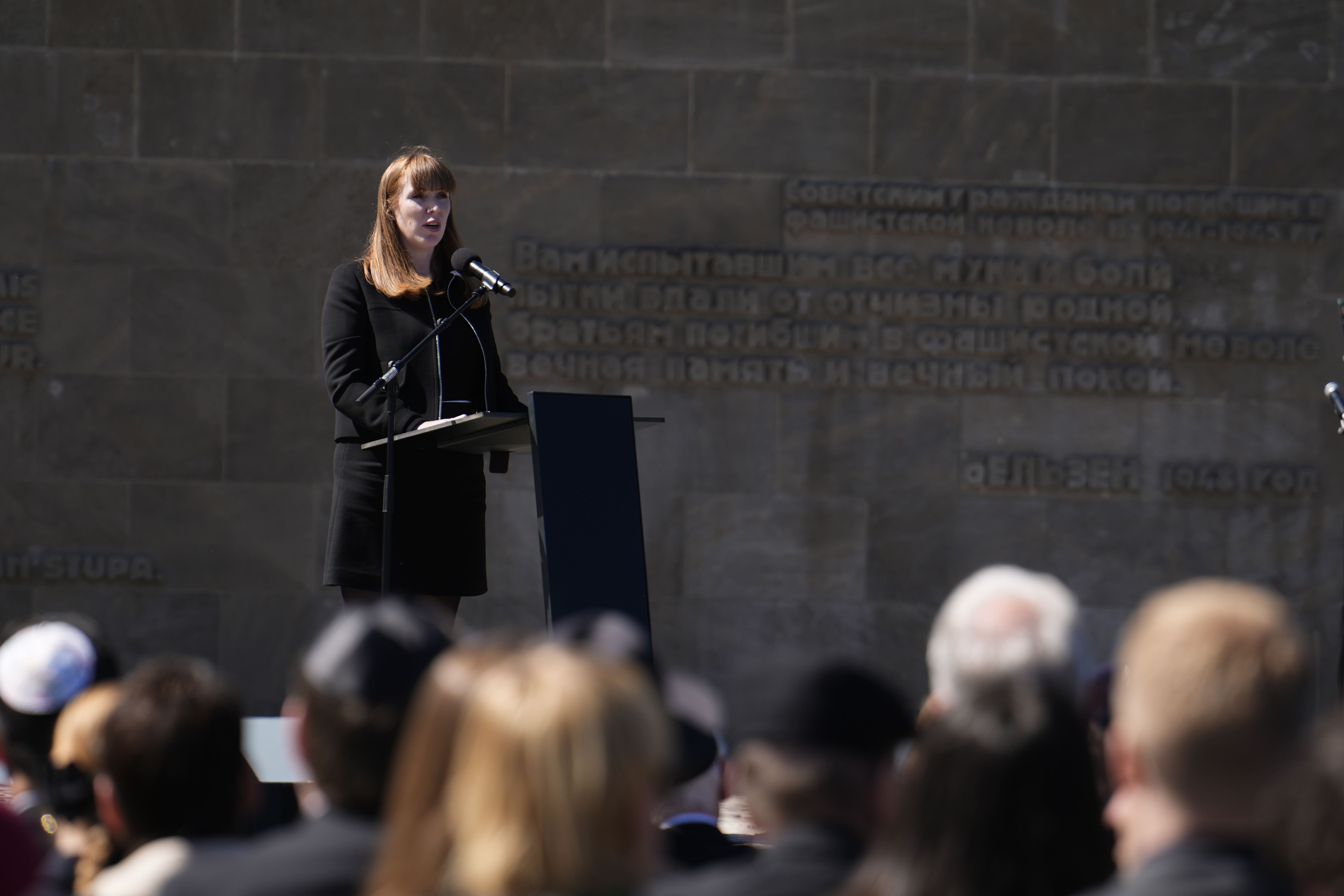 Deputy Prime Minister Angela Rayner speaking during a service at Bergen-Belsen (Jordan Pettitt/PA)