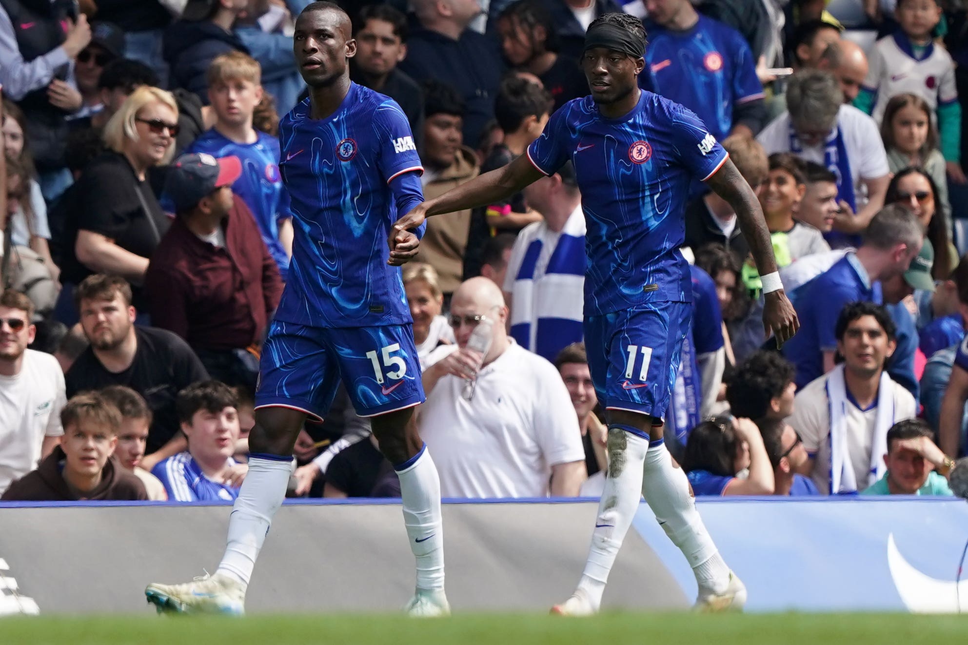 Nicolas Jackson, left, scored his first goal since December against Everton (Jonathan Brady/PA)