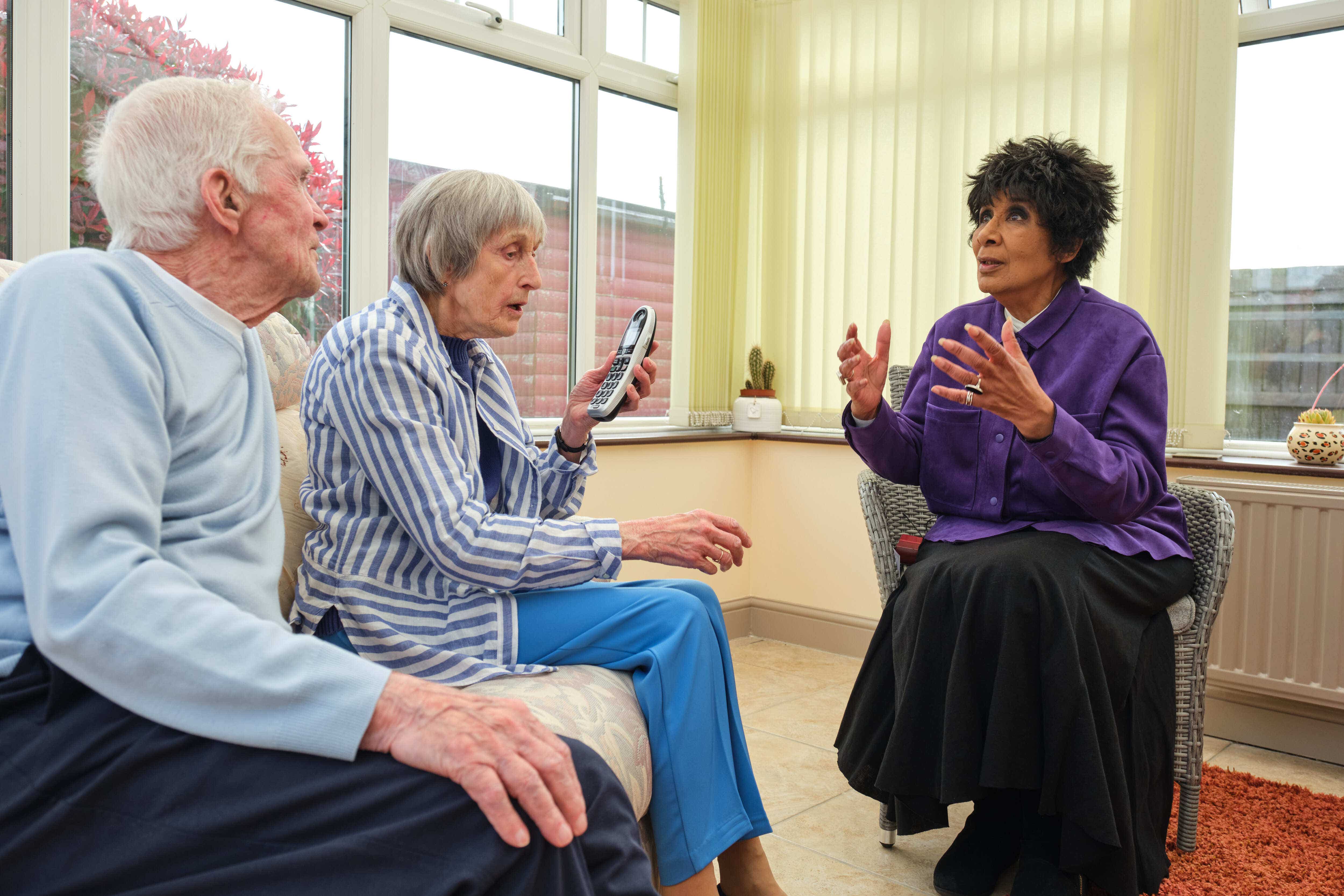Moira Stuart visits Michael and Carole Mitchell, who are both in their 80s, to chat with them about BT Digital Voice (Michael Leckie Media Assignments/PA)