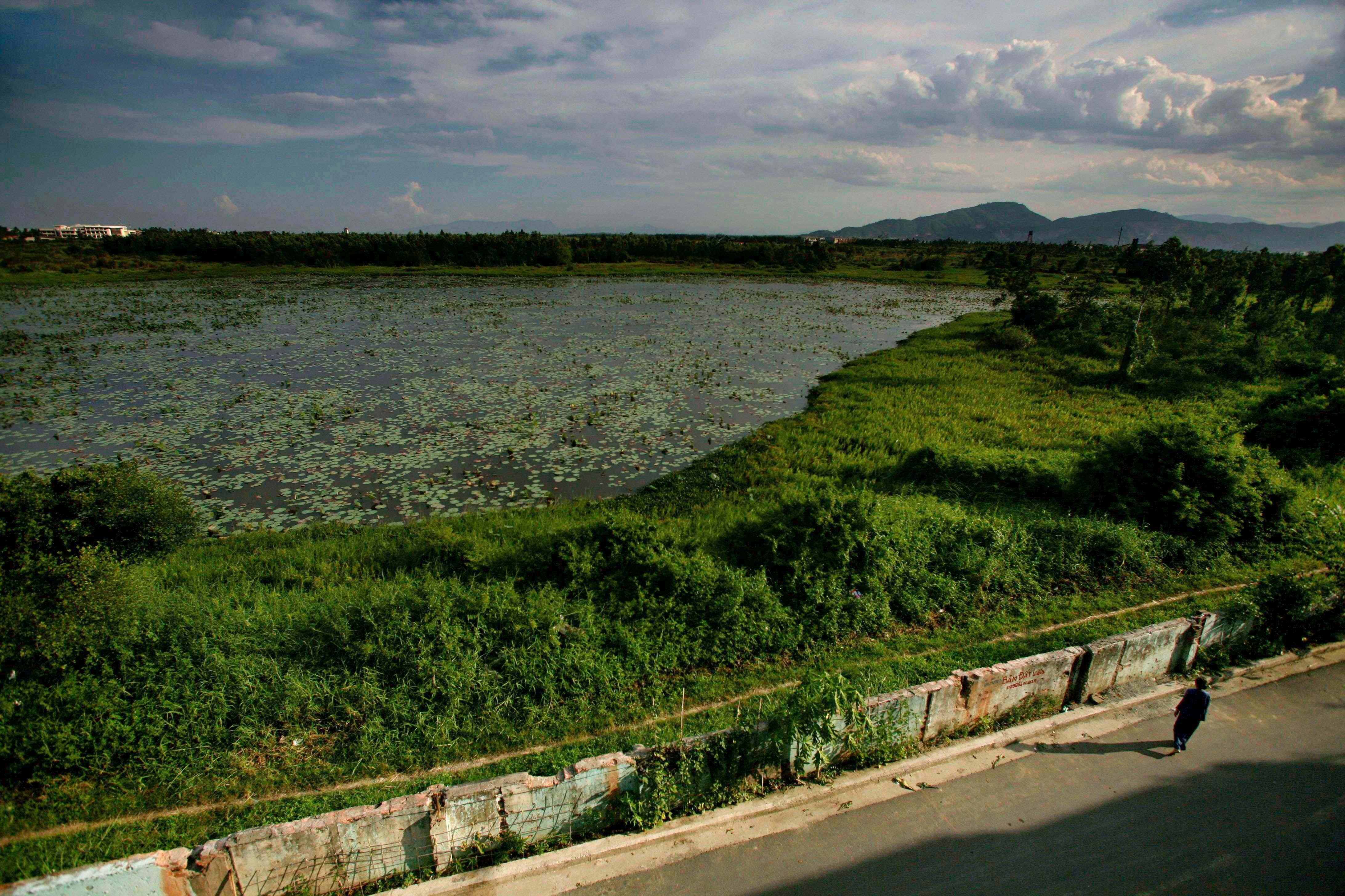 A woman walks next to a highly contaminated pond around the grounds of the Da Nang airbase