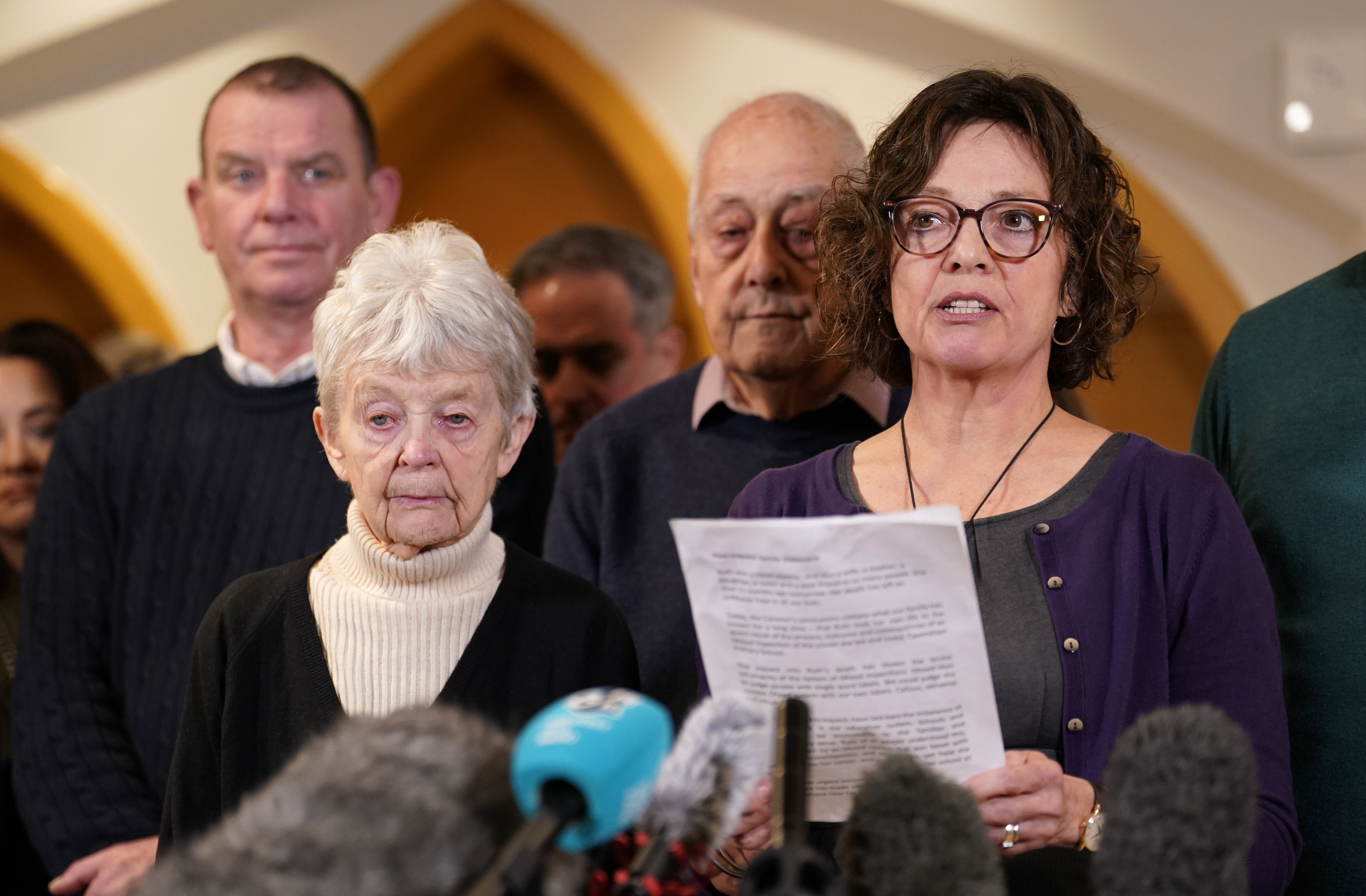 Julia Waters, sister of Ruth Perry, speaking to members of the media in Reading Town Hall at the end of the inquest for the headteacher