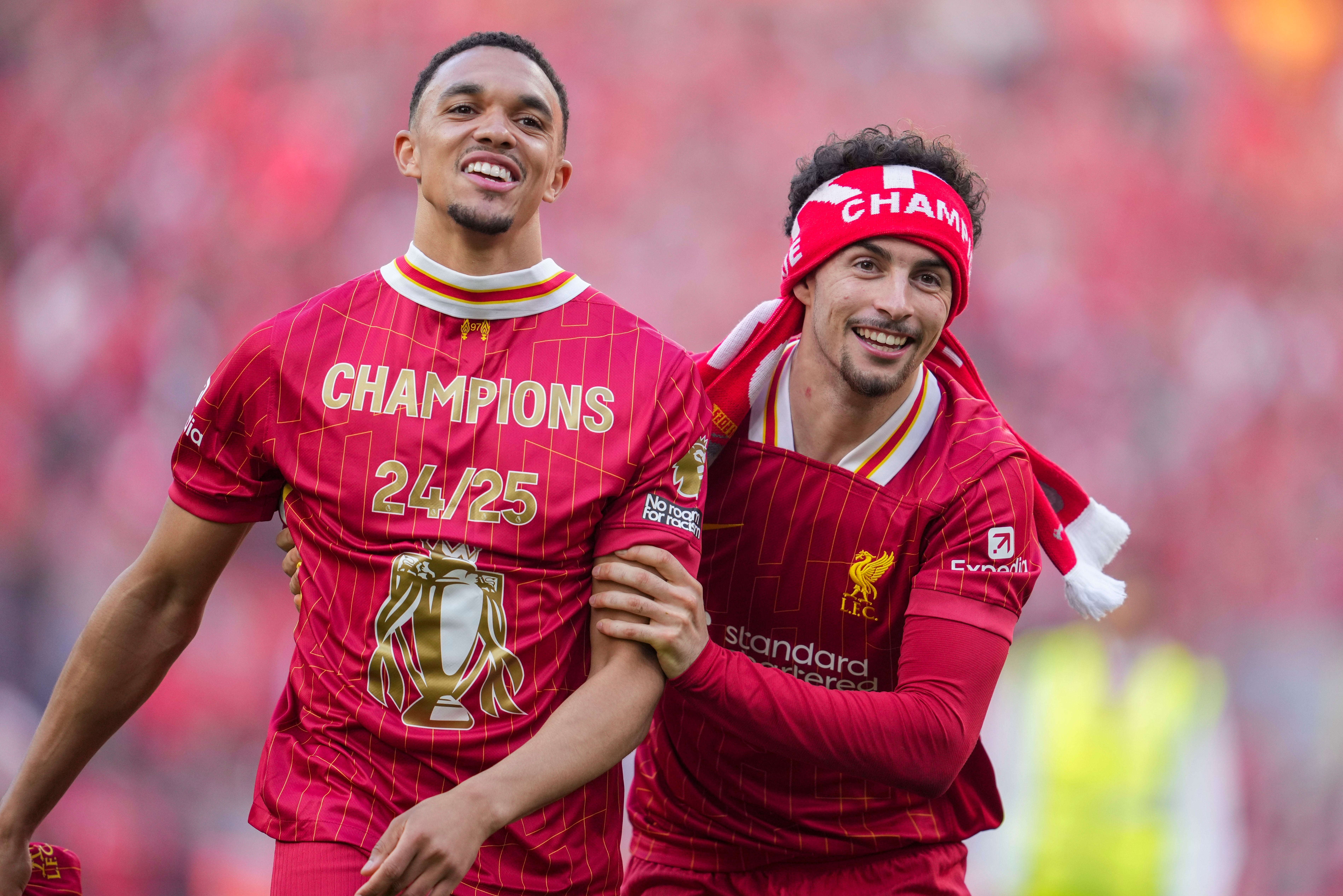 Liverpool's Trent Alexander-Arnold, left, and Curtis Jones
