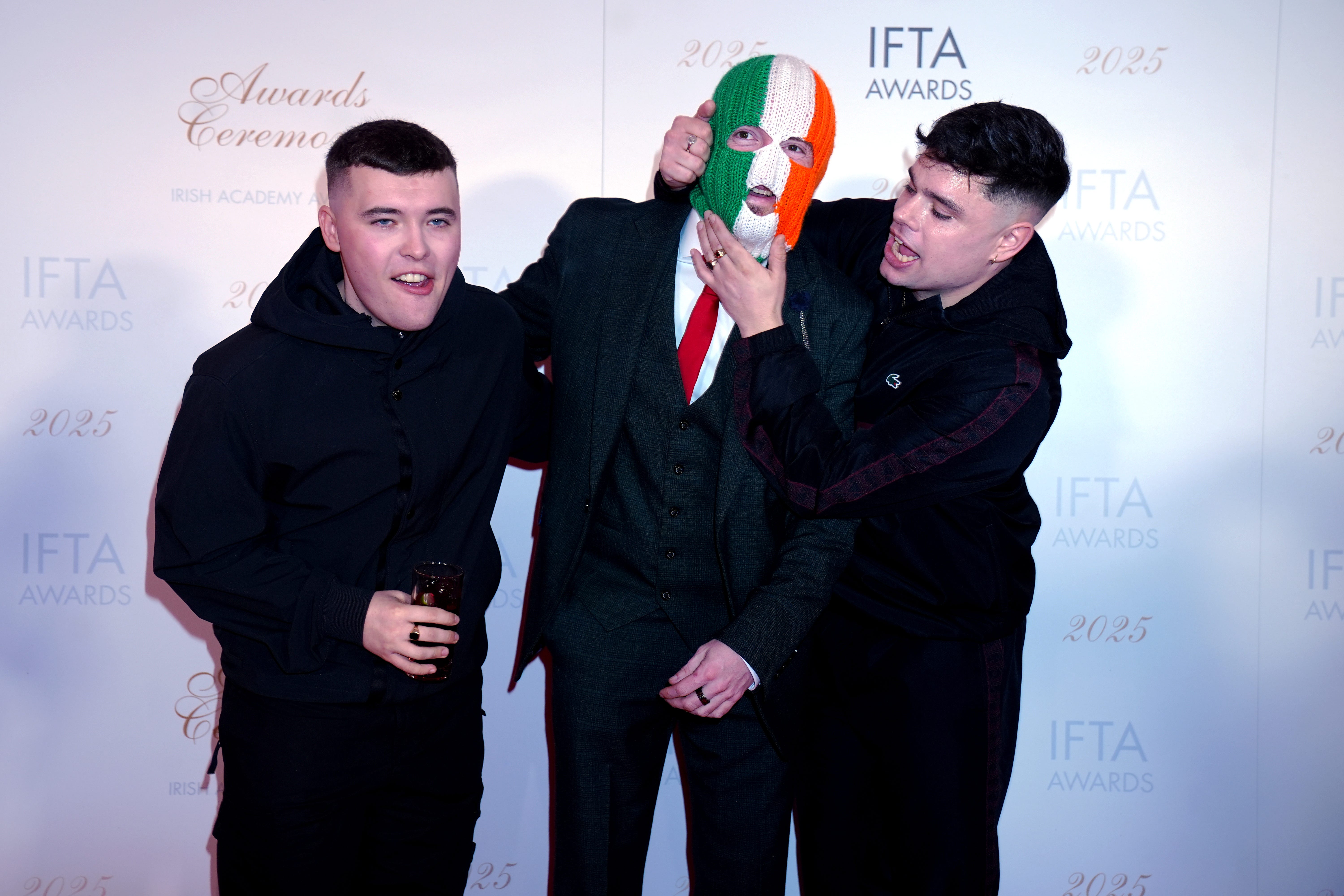 From left, Kneecap members Mo Chara, JJ O’Dochartaigh and Moglai Bap attending the Irish Film and Television Academy awards in 2025