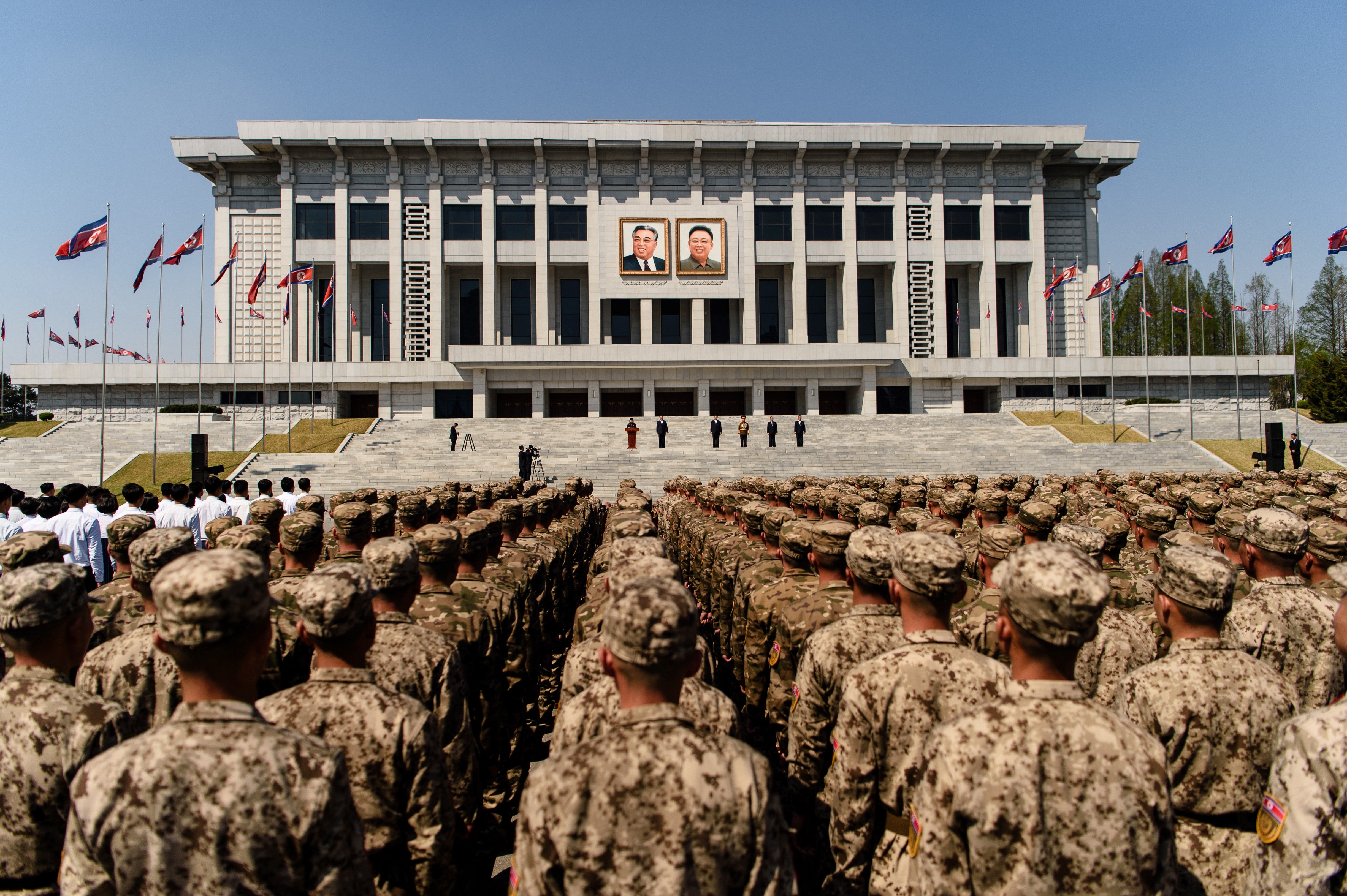 Korean People's Army soldiers assemble to mark the 93rd anniversary of the Korean People's Revolutionary Army in Pyongyang