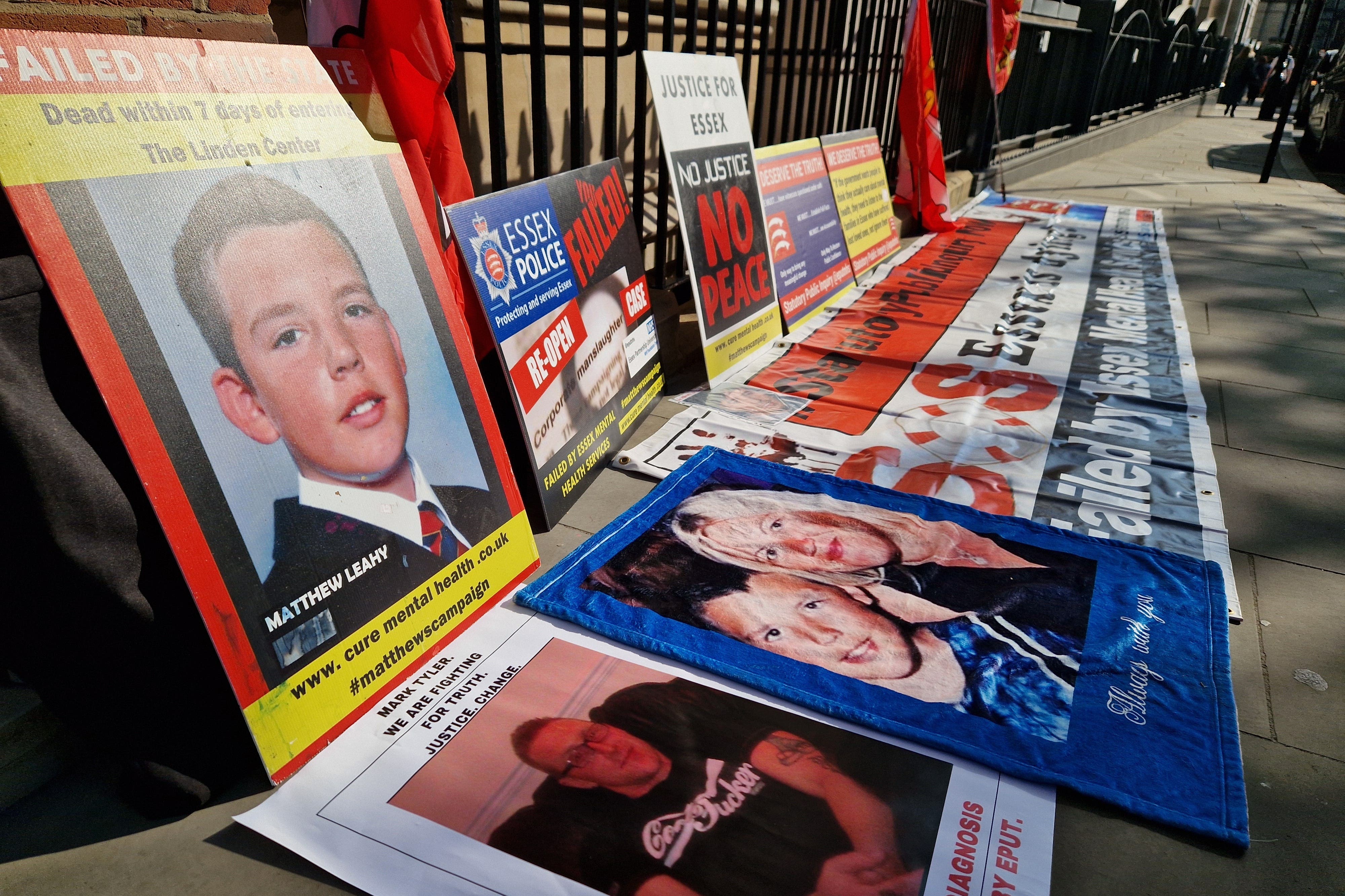 Posters placed outside Arundel House in London, where the Lampard Inquiry is taking place (Ben Bauer/PA)
