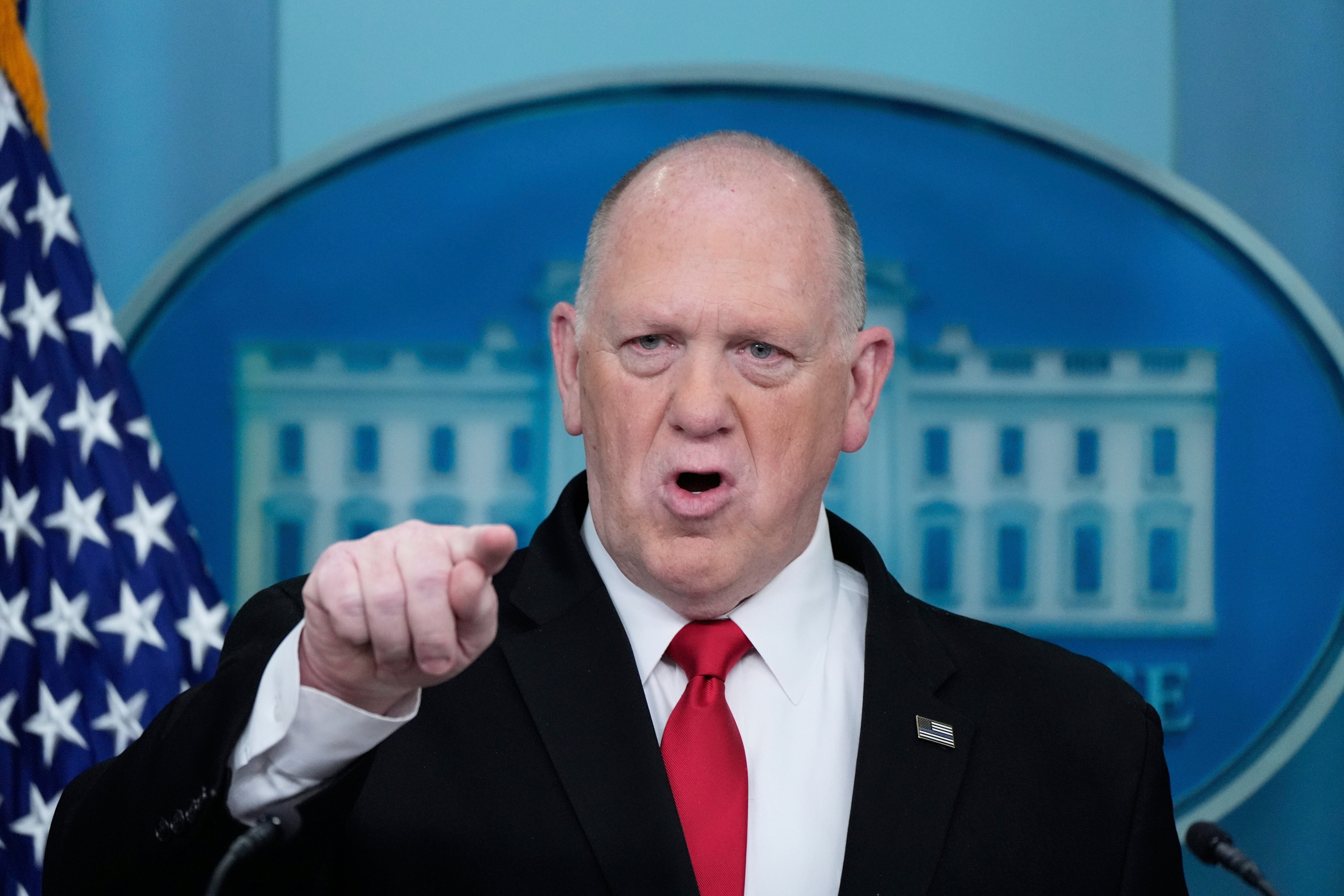 White House border czar Tom Homan speaks with reporters in the James Brady Press Briefing Room at the White House, Monday, April 28, 2025, in Washington