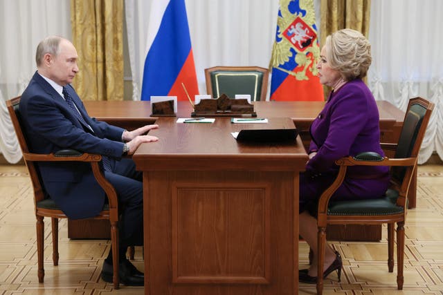 <p>In this pool photograph distributed by the Russian state agency Sputnik, Russia's President Vladimir Putin meets with the Federation Council speaker Valentina Matviyenko in Saint Petersburg on April 28, 2025</p>
